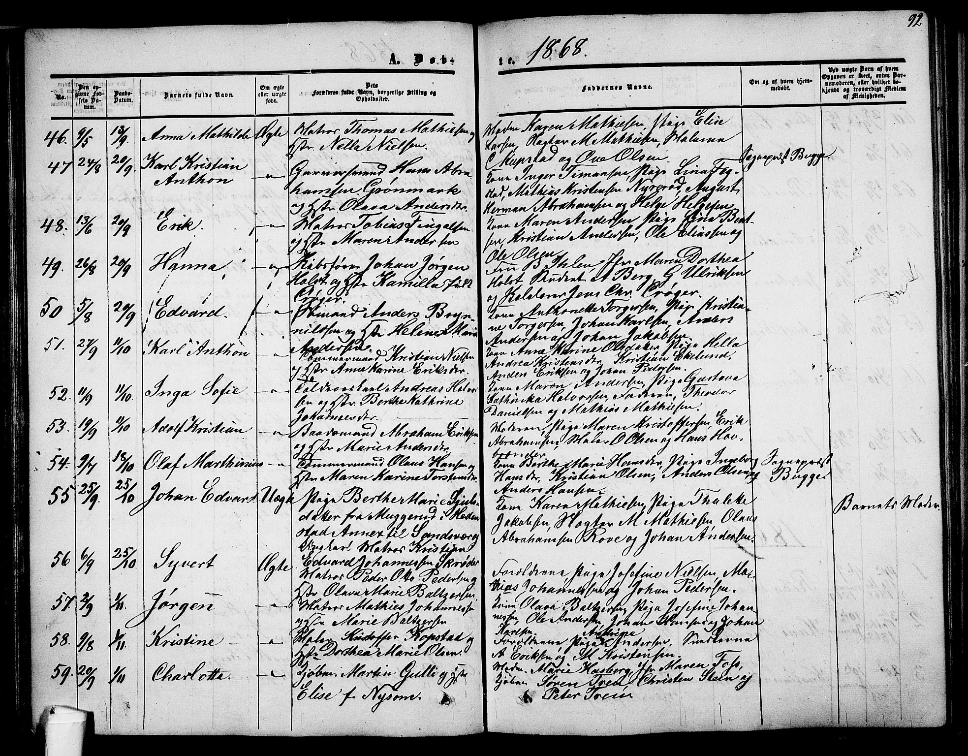 Holmestrand kirkebøker, AV/SAKO-A-346/G/Ga/L0003: Parish register (copy) no. 3, 1849-1874, p. 92