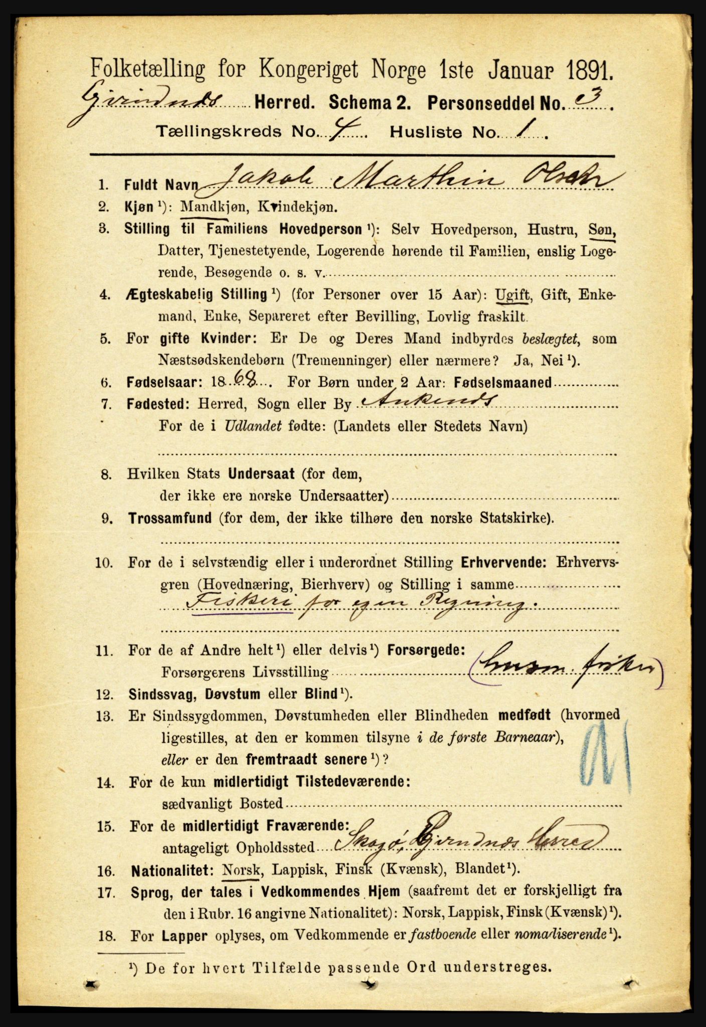 RA, 1891 census for 1853 Evenes, 1891, p. 1228