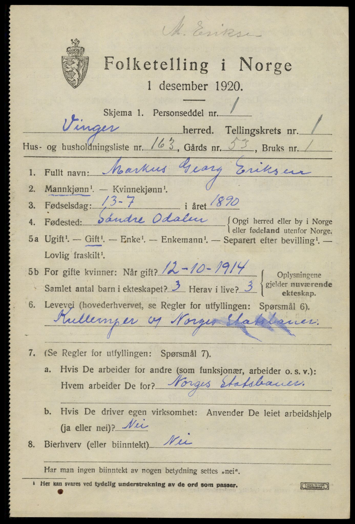 SAH, 1920 census for Vinger, 1920, p. 3956