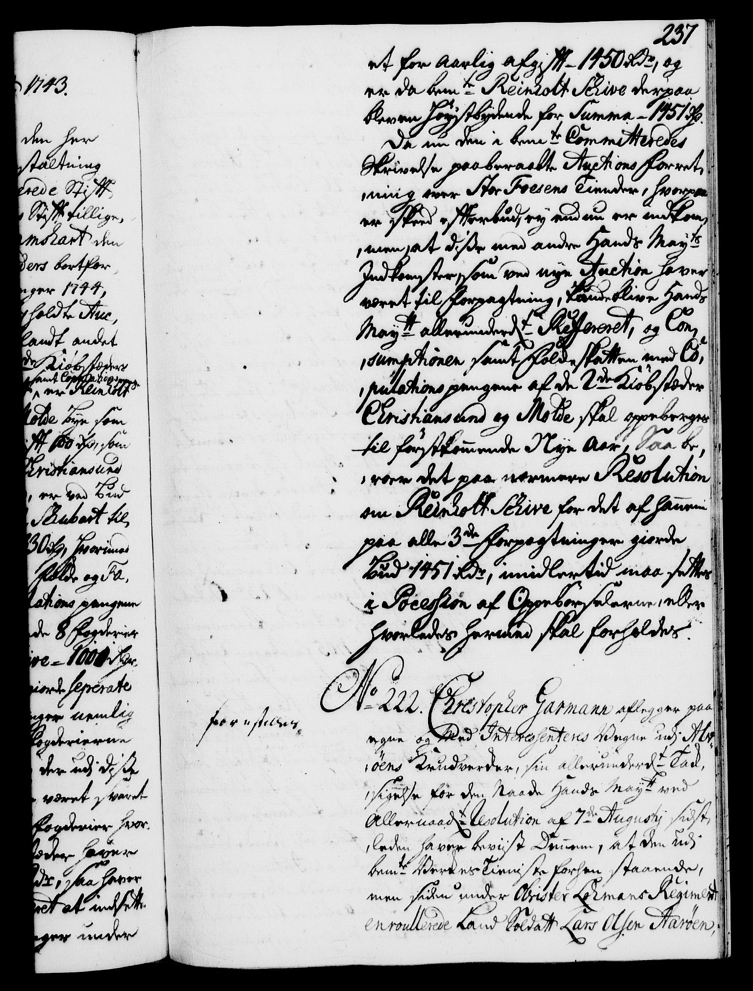 Rentekammeret, Kammerkanselliet, RA/EA-3111/G/Gh/Gha/L0025: Norsk ekstraktmemorialprotokoll (merket RK 53.70), 1743-1744, p. 237