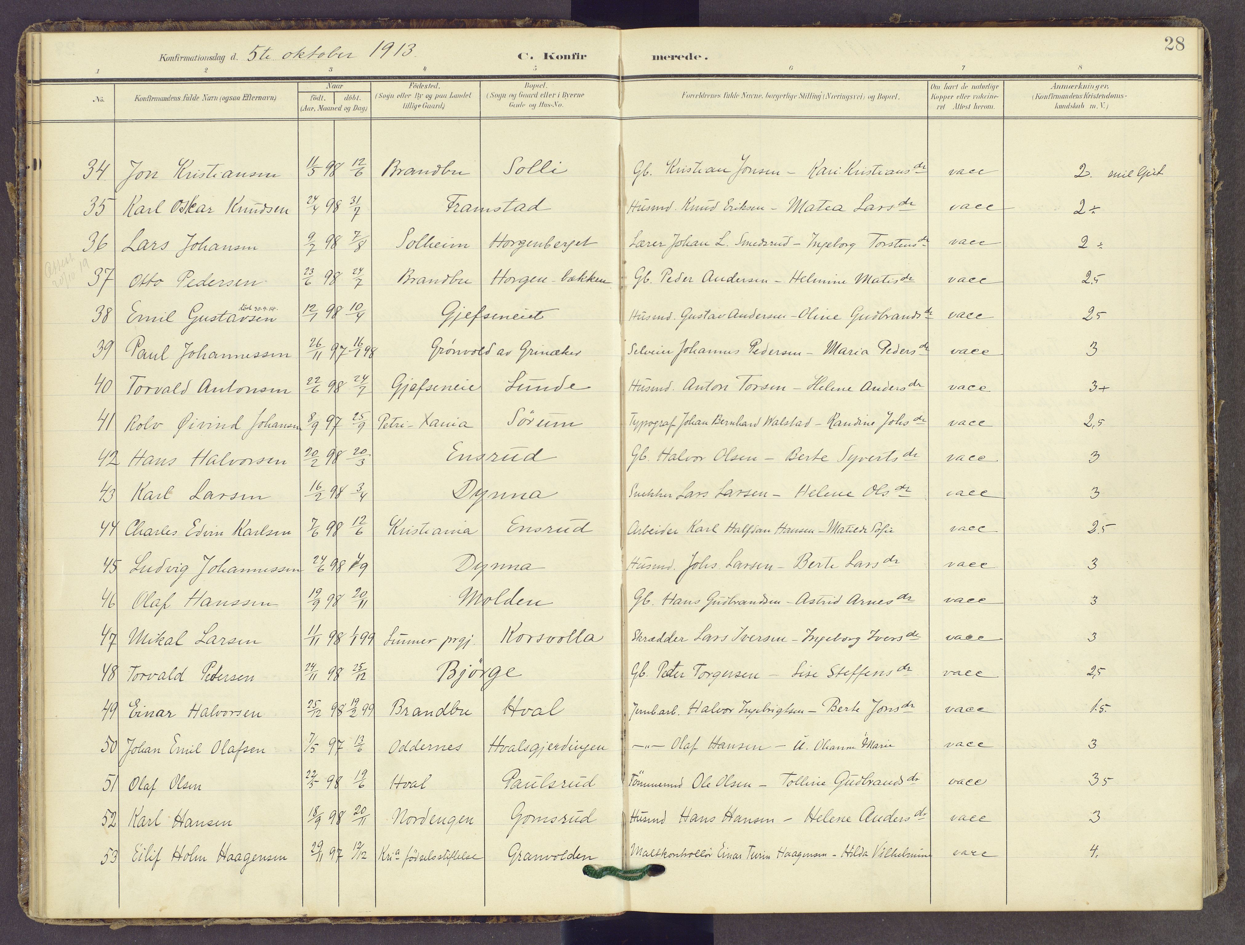 Gran prestekontor, AV/SAH-PREST-112/H/Ha/Haa/L0022: Parish register (official) no. 22, 1908-1918, p. 28