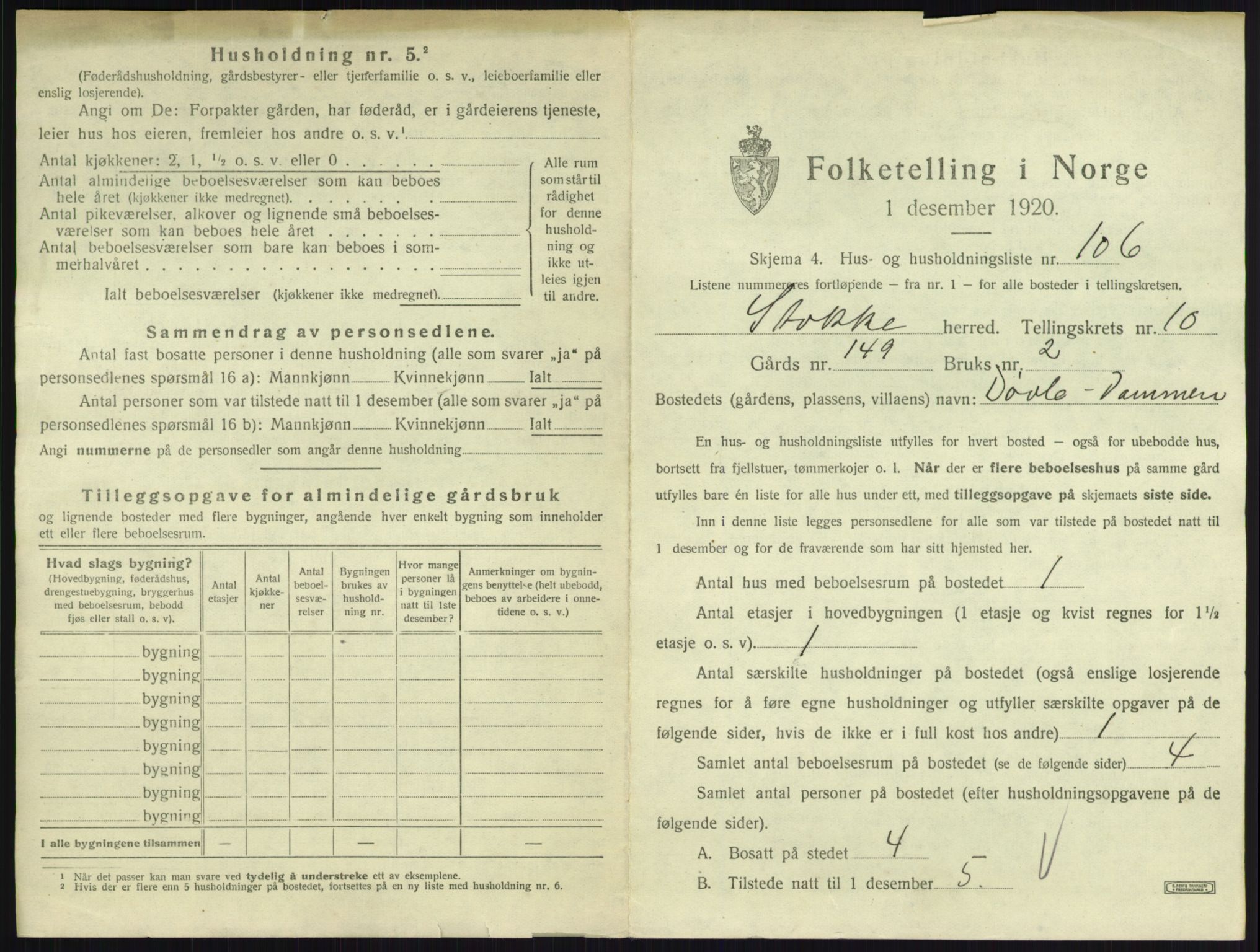 SAKO, 1920 census for Stokke, 1920, p. 2032