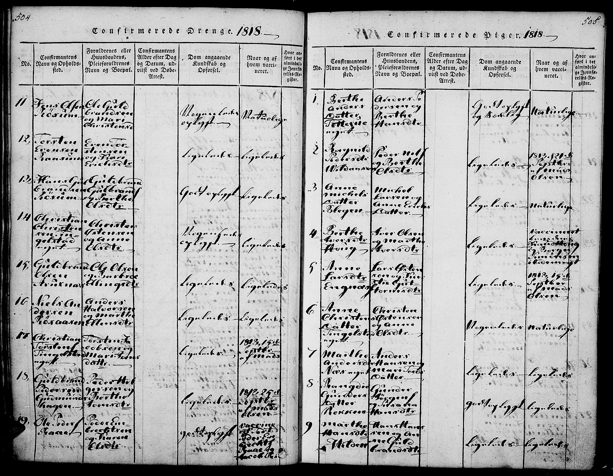 Gran prestekontor, SAH/PREST-112/H/Ha/Haa/L0009: Parish register (official) no. 9, 1815-1824, p. 504-505