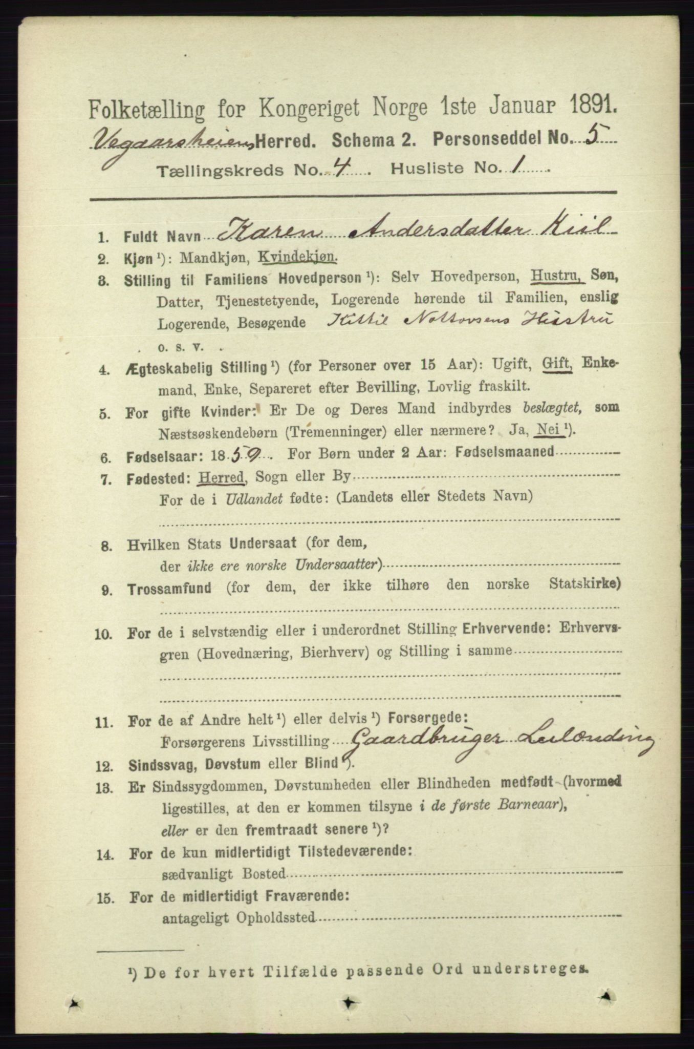 RA, 1891 census for 0912 Vegårshei, 1891, p. 762