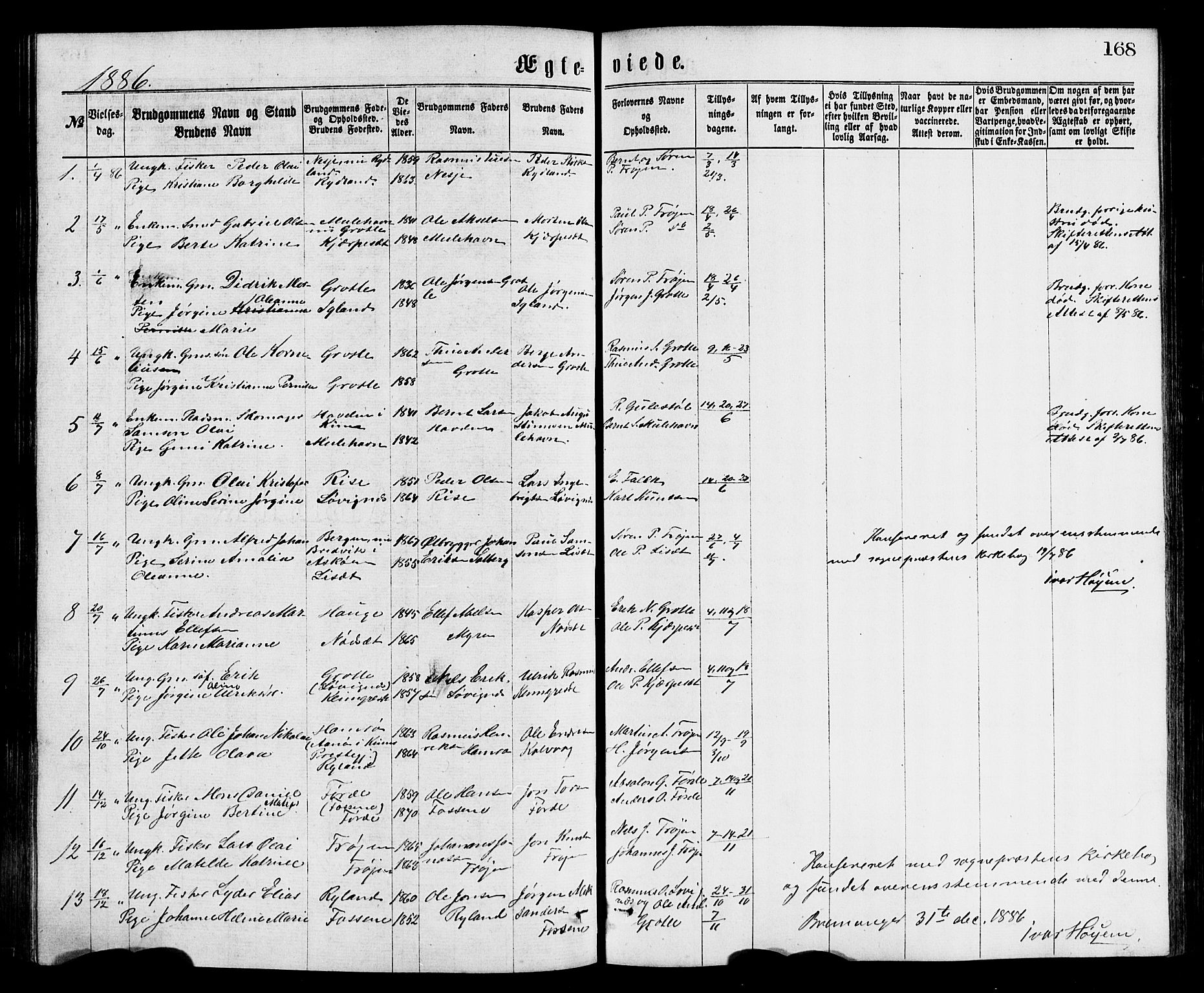 Bremanger sokneprestembete, SAB/A-82201/H/Hab/Haba/L0002: Parish register (copy) no. A 2, 1866-1889, p. 168