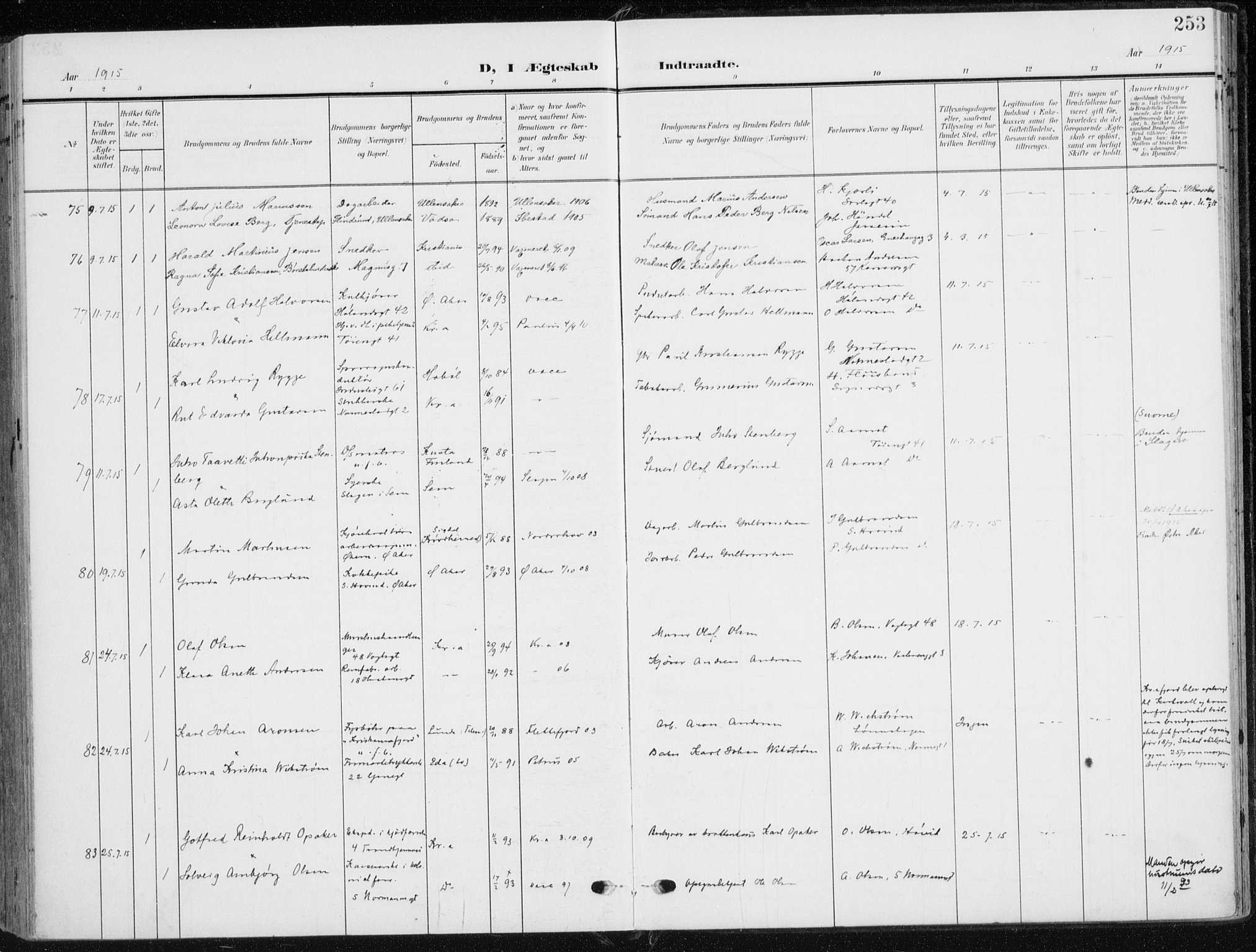 Kampen prestekontor Kirkebøker, AV/SAO-A-10853/F/Fa/L0011: Parish register (official) no. I 11, 1907-1917, p. 253