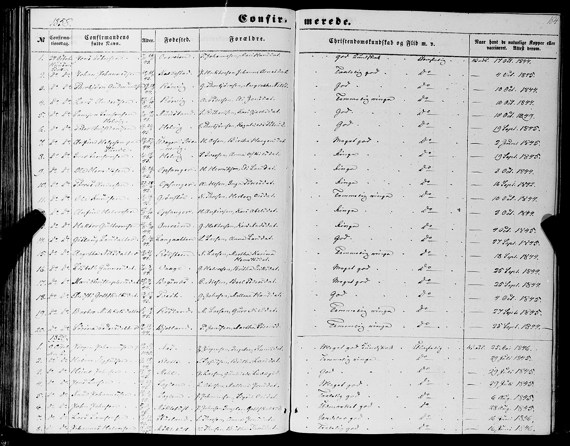 Kvinnherad sokneprestembete, SAB/A-76401/H/Haa: Parish register (official) no. A 8, 1854-1872, p. 164
