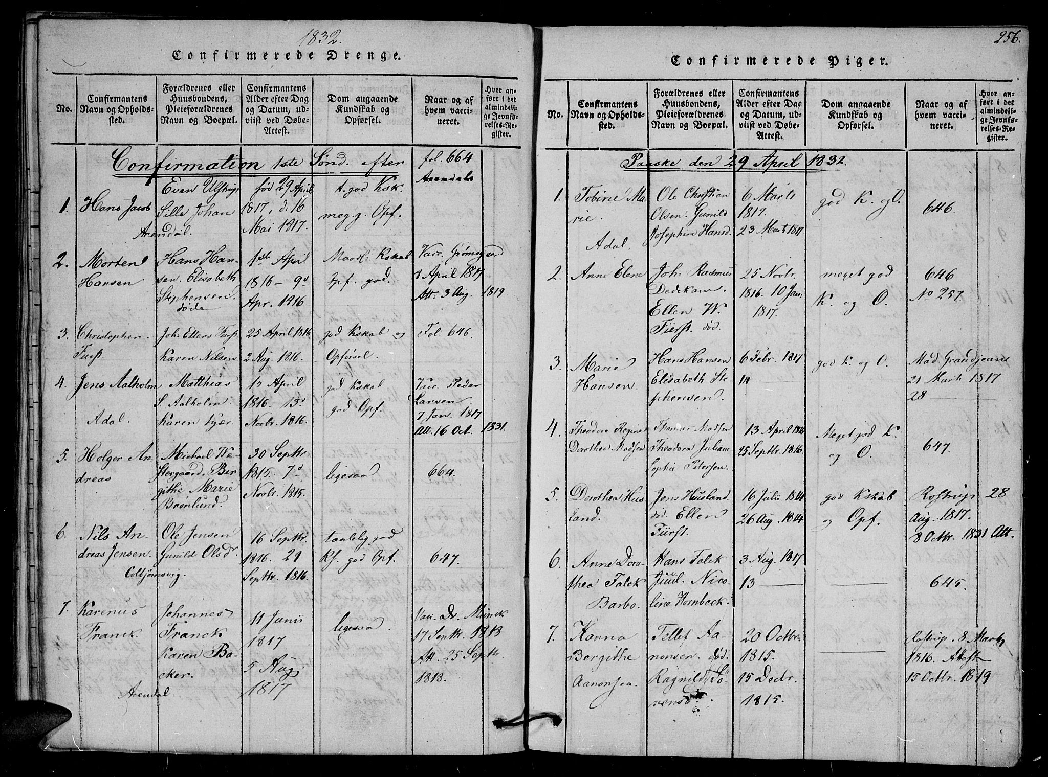 Arendal sokneprestkontor, Trefoldighet, SAK/1111-0040/F/Fb/L0001: Parish register (copy) no. B 1, 1816-1838, p. 256