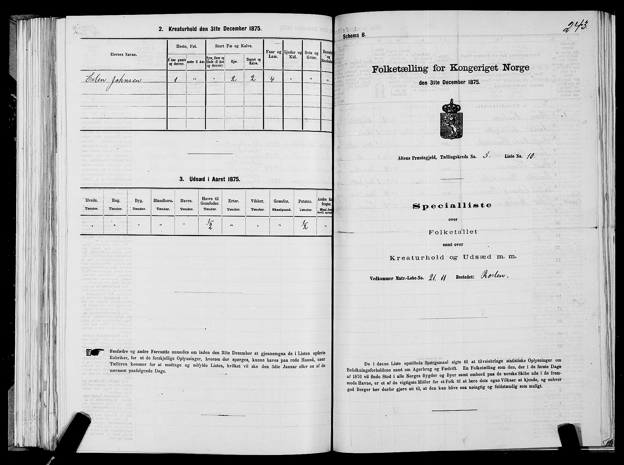 SATØ, 1875 census for 2012P Alta, 1875, p. 2243