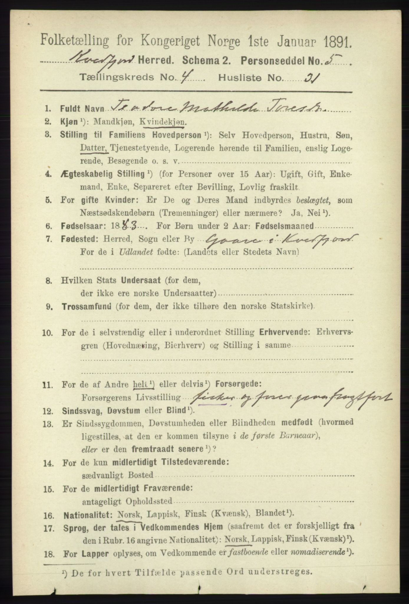 RA, 1891 census for 1911 Kvæfjord, 1891, p. 2095