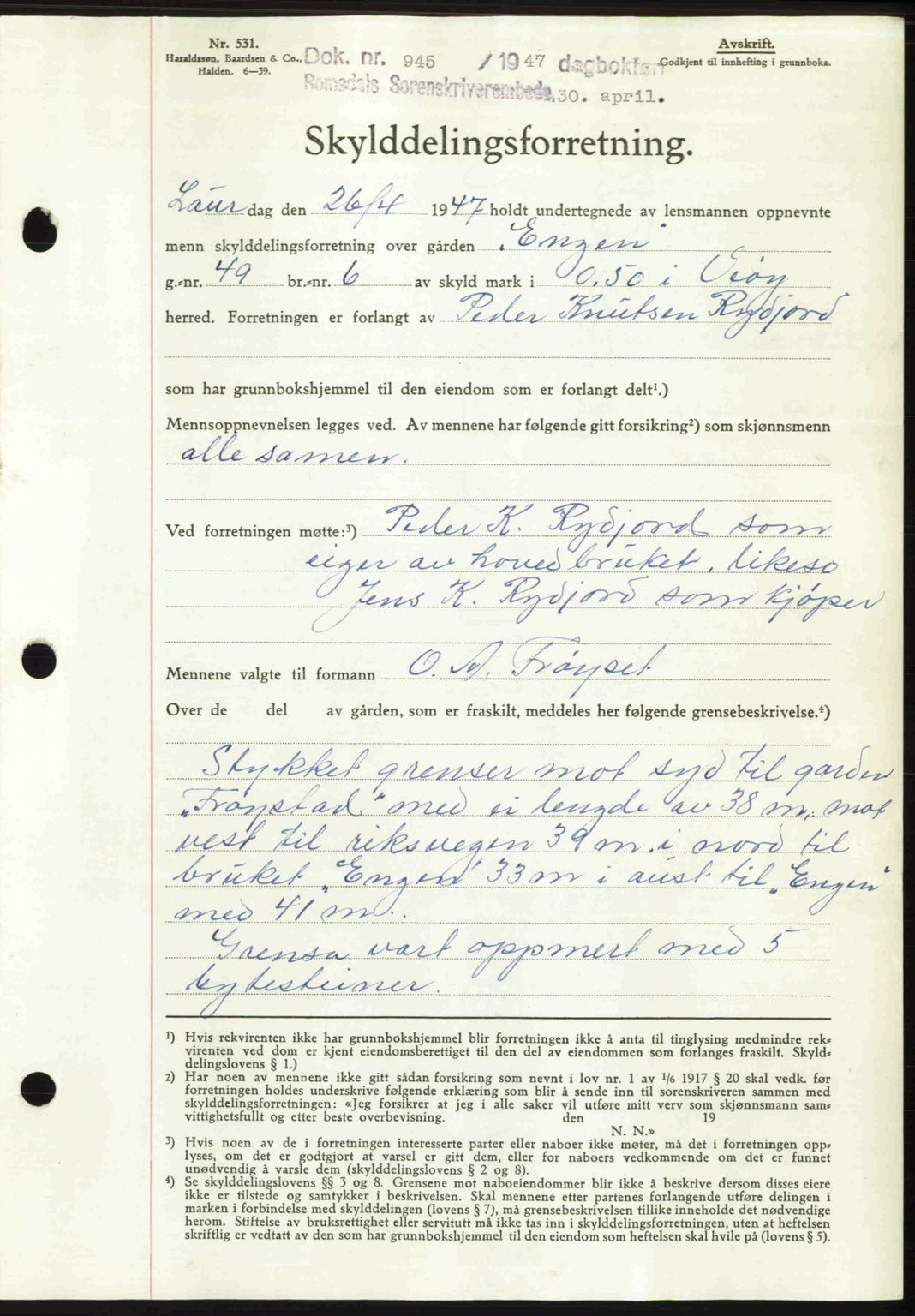 Romsdal sorenskriveri, SAT/A-4149/1/2/2C: Mortgage book no. A22, 1947-1947, Diary no: : 945/1947