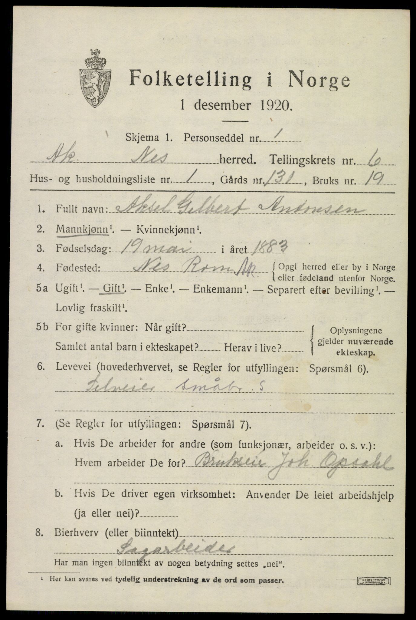 SAO, 1920 census for Nes, 1920, p. 7620