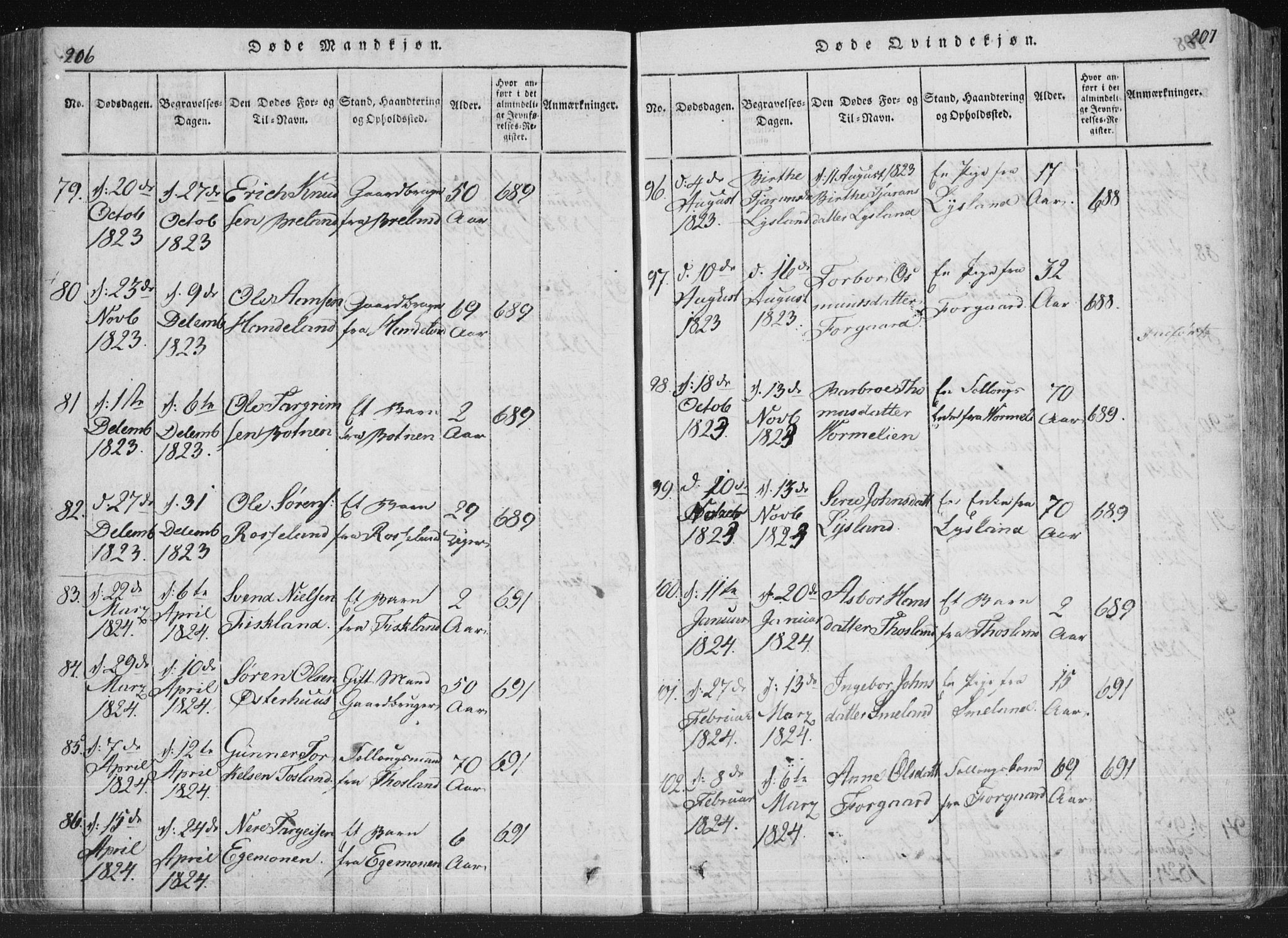 Åseral sokneprestkontor, SAK/1111-0051/F/Fa/L0001: Parish register (official) no. A 1, 1815-1853, p. 206-207