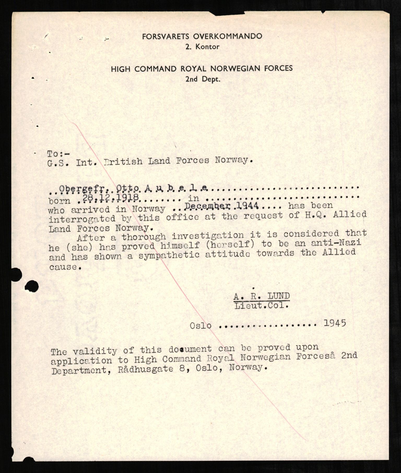 Forsvaret, Forsvarets overkommando II, AV/RA-RAFA-3915/D/Db/L0001: CI Questionaires. Tyske okkupasjonsstyrker i Norge. Tyskere., 1945-1946, p. 423