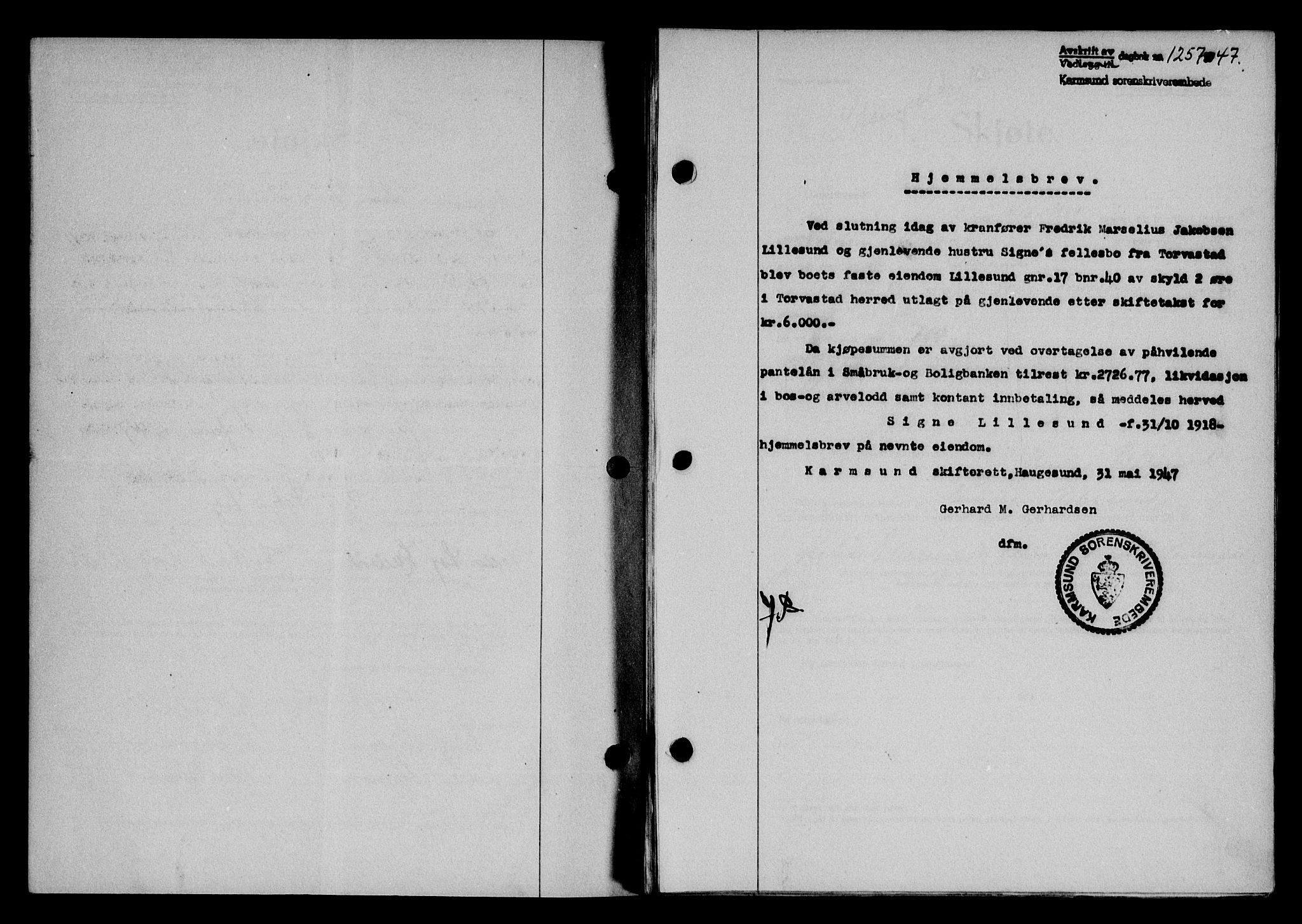 Karmsund sorenskriveri, SAST/A-100311/01/II/IIB/L0090: Mortgage book no. 70A, 1947-1947, Diary no: : 1257/1947