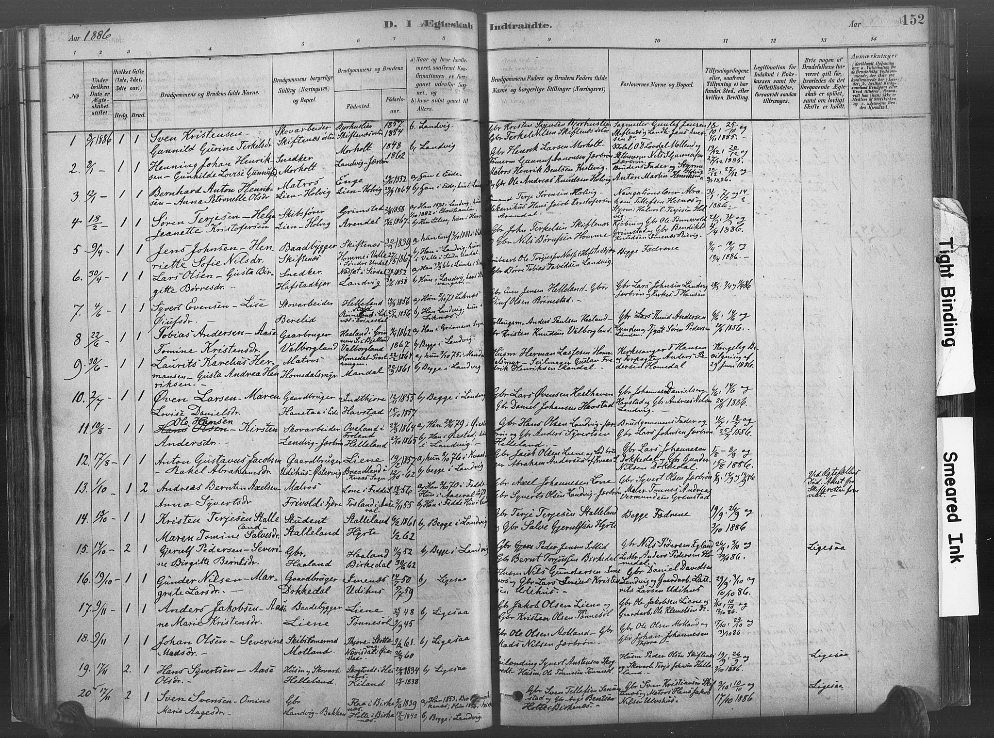 Hommedal sokneprestkontor, AV/SAK-1111-0023/F/Fa/Fab/L0006: Parish register (official) no. A 6, 1878-1897, p. 152