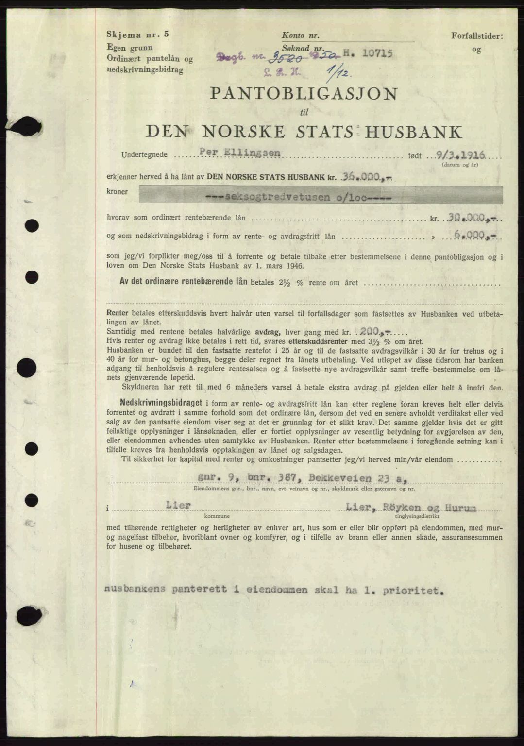 Lier, Røyken og Hurum sorenskriveri, SAKO/A-89/G/Ga/Gab/L0110: Mortgage book no. 110, 1950-1950, Diary no: : 3520/1950