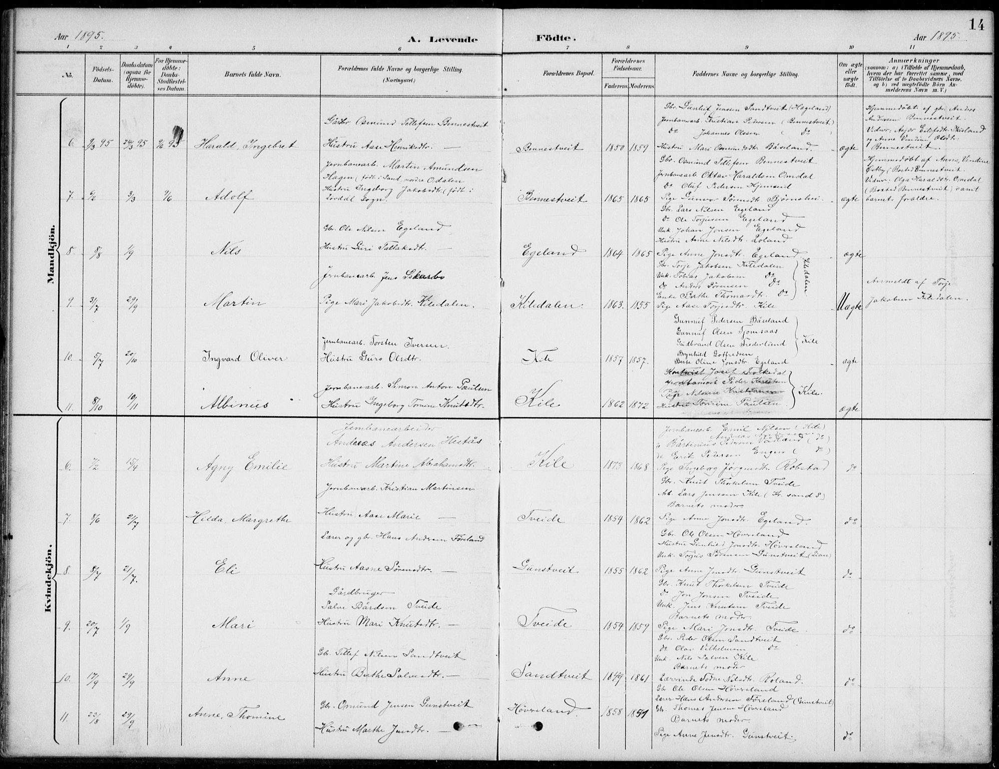 Vennesla sokneprestkontor, AV/SAK-1111-0045/Fb/Fba/L0003: Parish register (copy) no. B 3, 1890-1919, p. 14