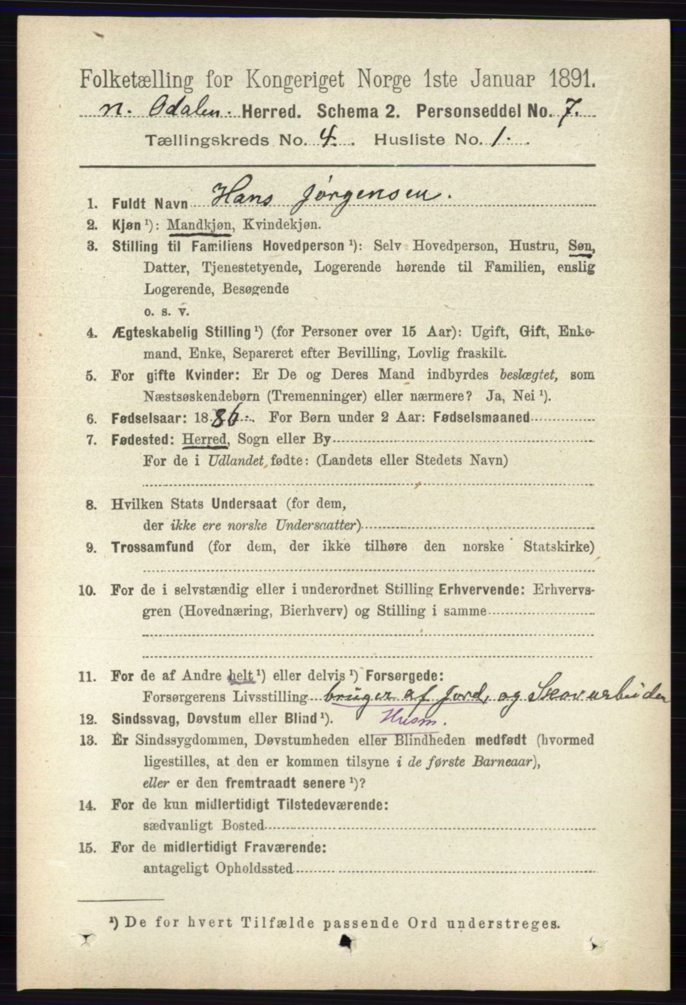 RA, 1891 census for 0418 Nord-Odal, 1891, p. 1268