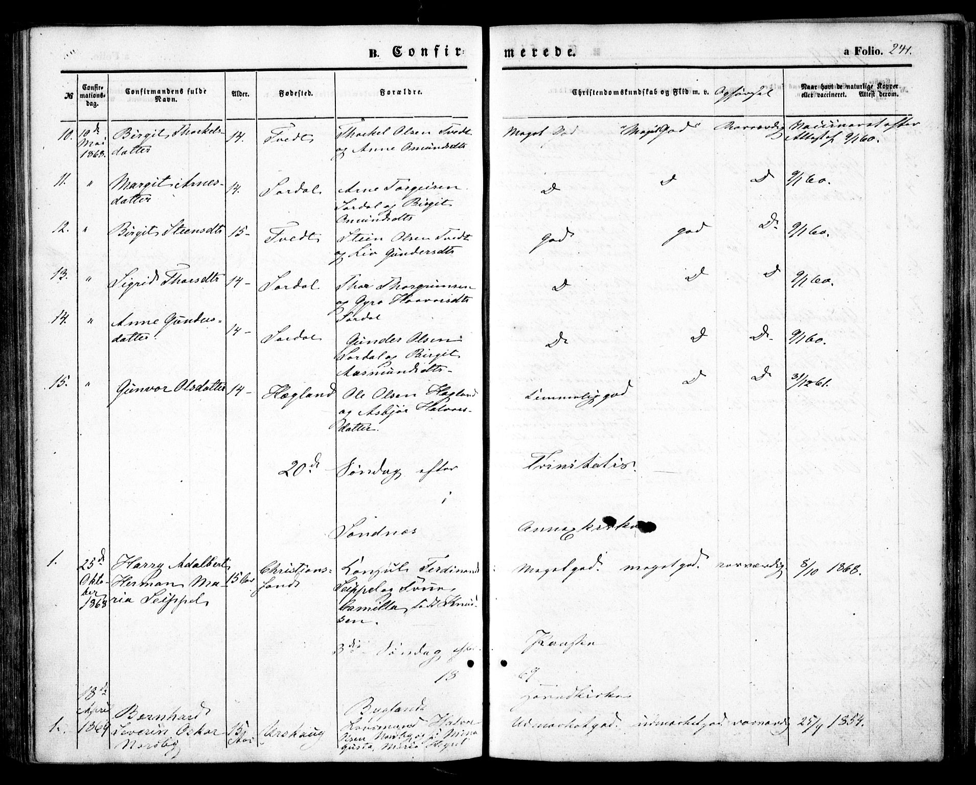 Bygland sokneprestkontor, SAK/1111-0006/F/Fa/Fab/L0005: Parish register (official) no. A 5, 1859-1873, p. 241