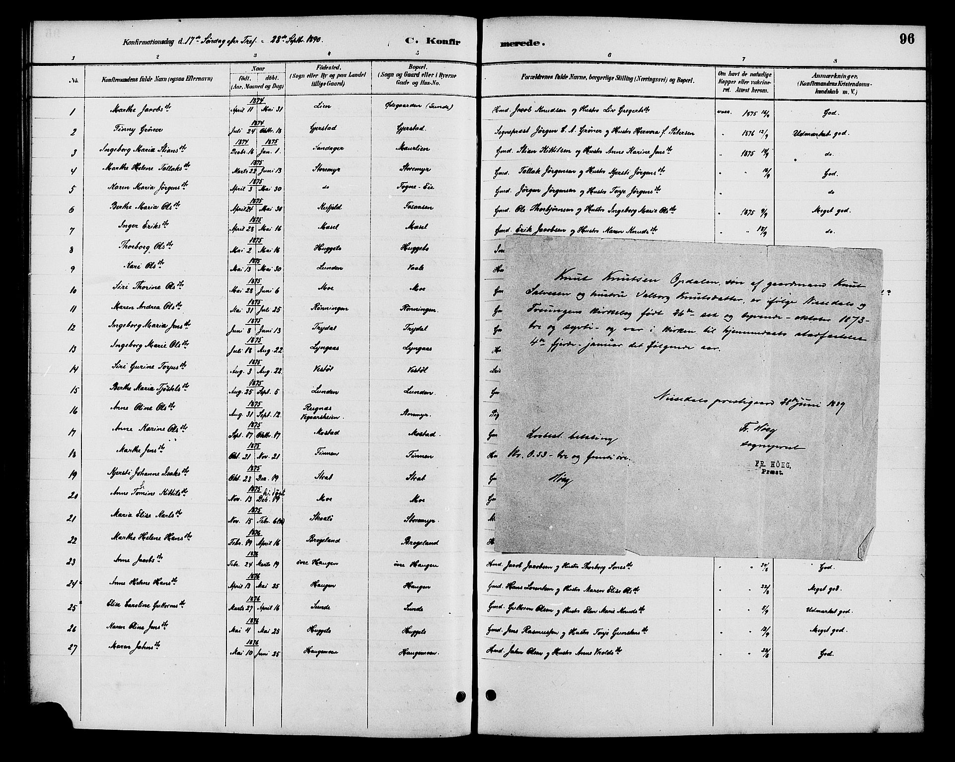 Gjerstad sokneprestkontor, SAK/1111-0014/F/Fa/Faa/L0009: Parish register (official) no. A 9, 1885-1890, p. 96