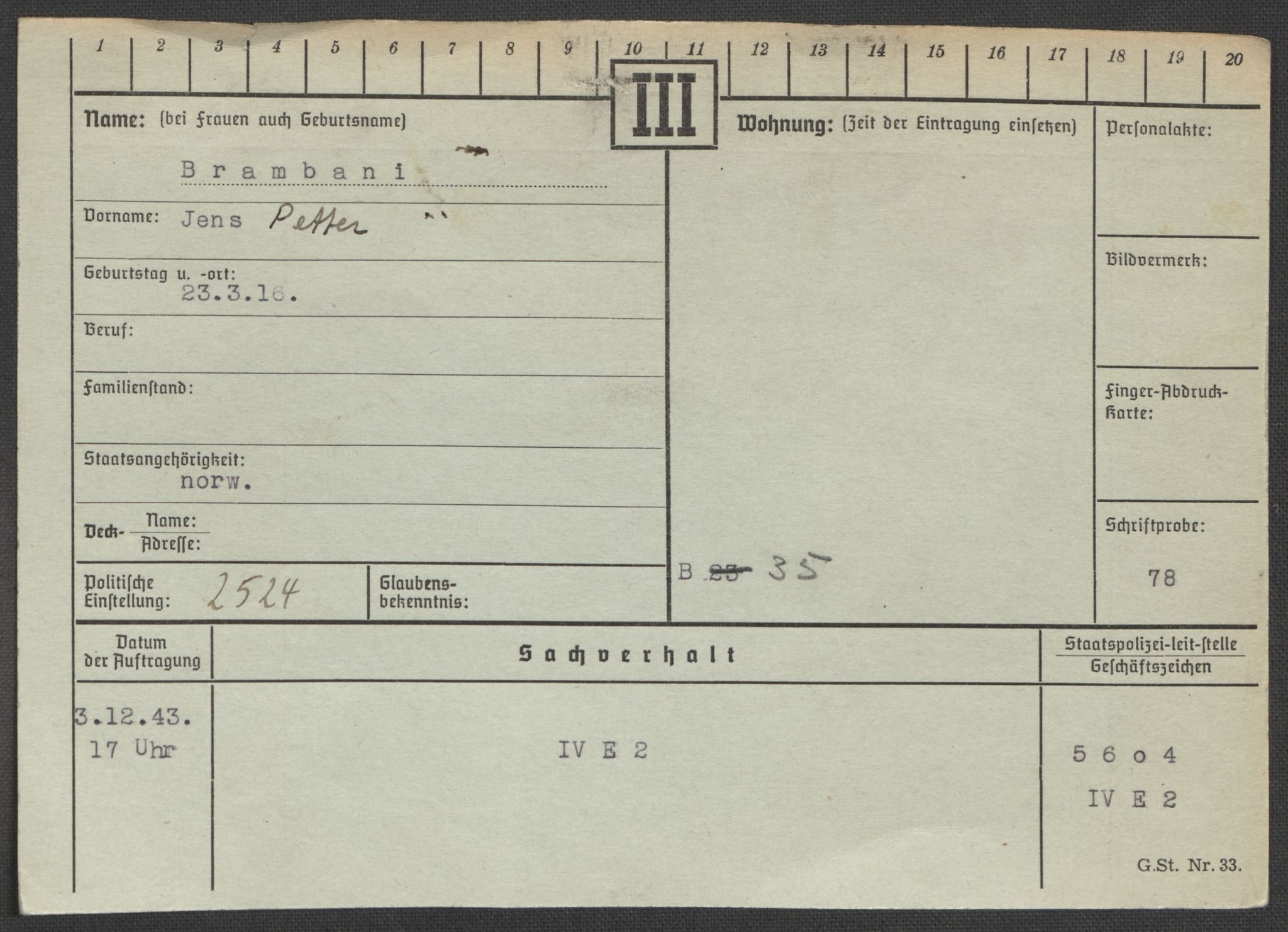 Befehlshaber der Sicherheitspolizei und des SD, RA/RAFA-5969/E/Ea/Eaa/L0002: Register over norske fanger i Møllergata 19: Bj-Eng, 1940-1945, p. 178