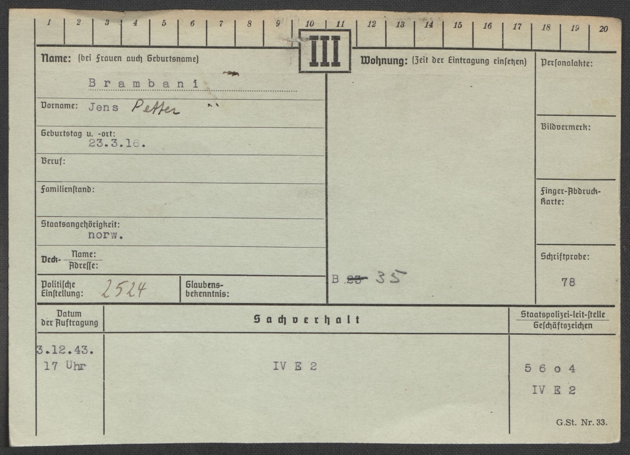 Befehlshaber der Sicherheitspolizei und des SD, AV/RA-RAFA-5969/E/Ea/Eaa/L0002: Register over norske fanger i Møllergata 19: Bj-Eng, 1940-1945, p. 178
