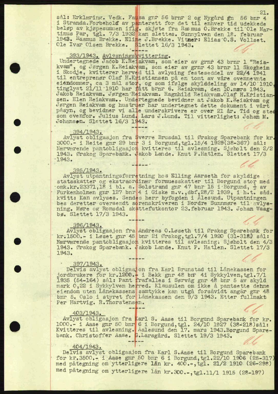 Nordre Sunnmøre sorenskriveri, SAT/A-0006/1/2/2C/2Ca: Mortgage book no. B1-6, 1938-1942, Diary no: : 393/1943