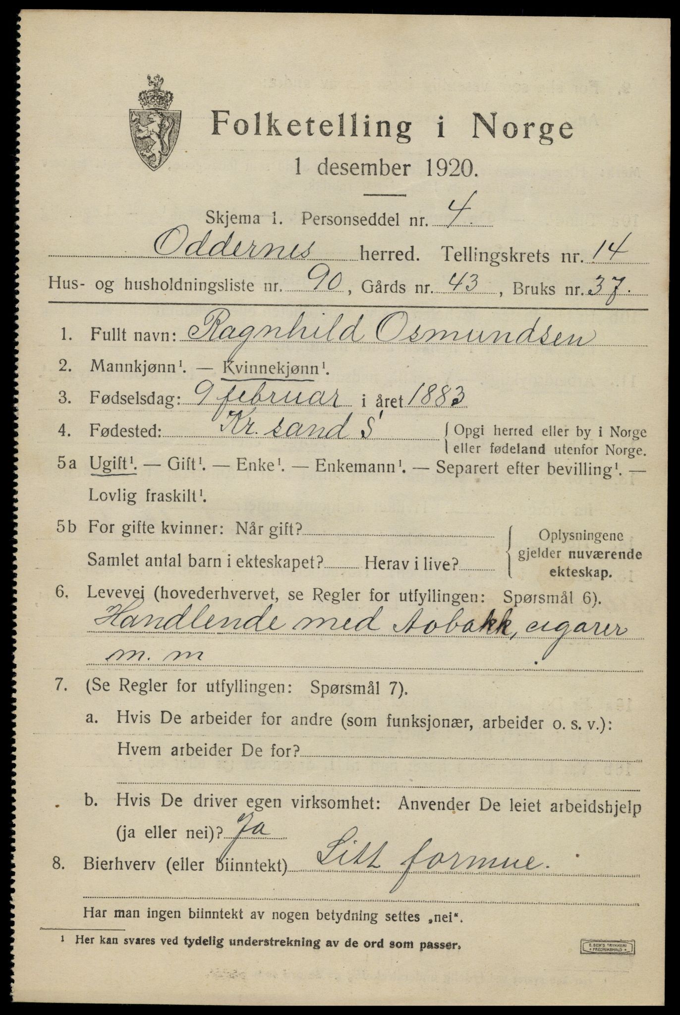 SAK, 1920 census for Oddernes, 1920, p. 9663