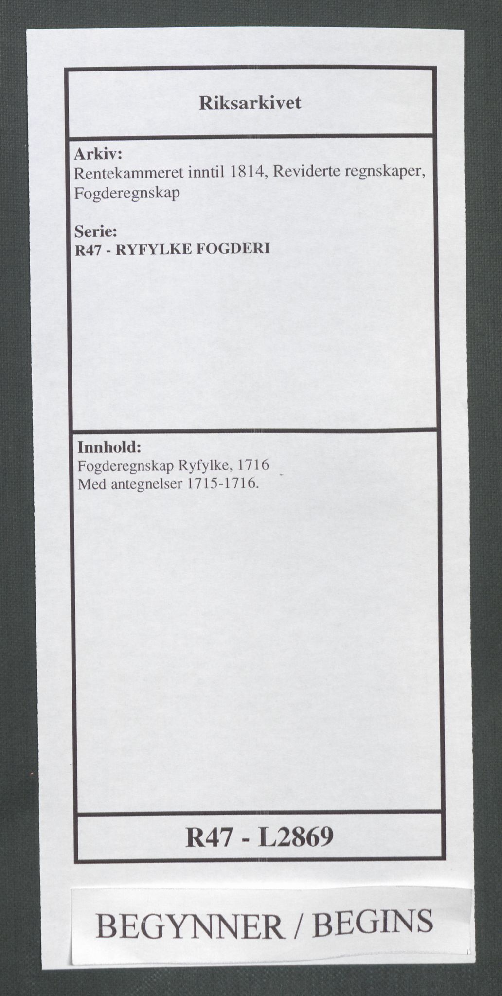 Rentekammeret inntil 1814, Reviderte regnskaper, Fogderegnskap, RA/EA-4092/R47/L2869: Fogderegnskap Ryfylke, 1716, p. 1