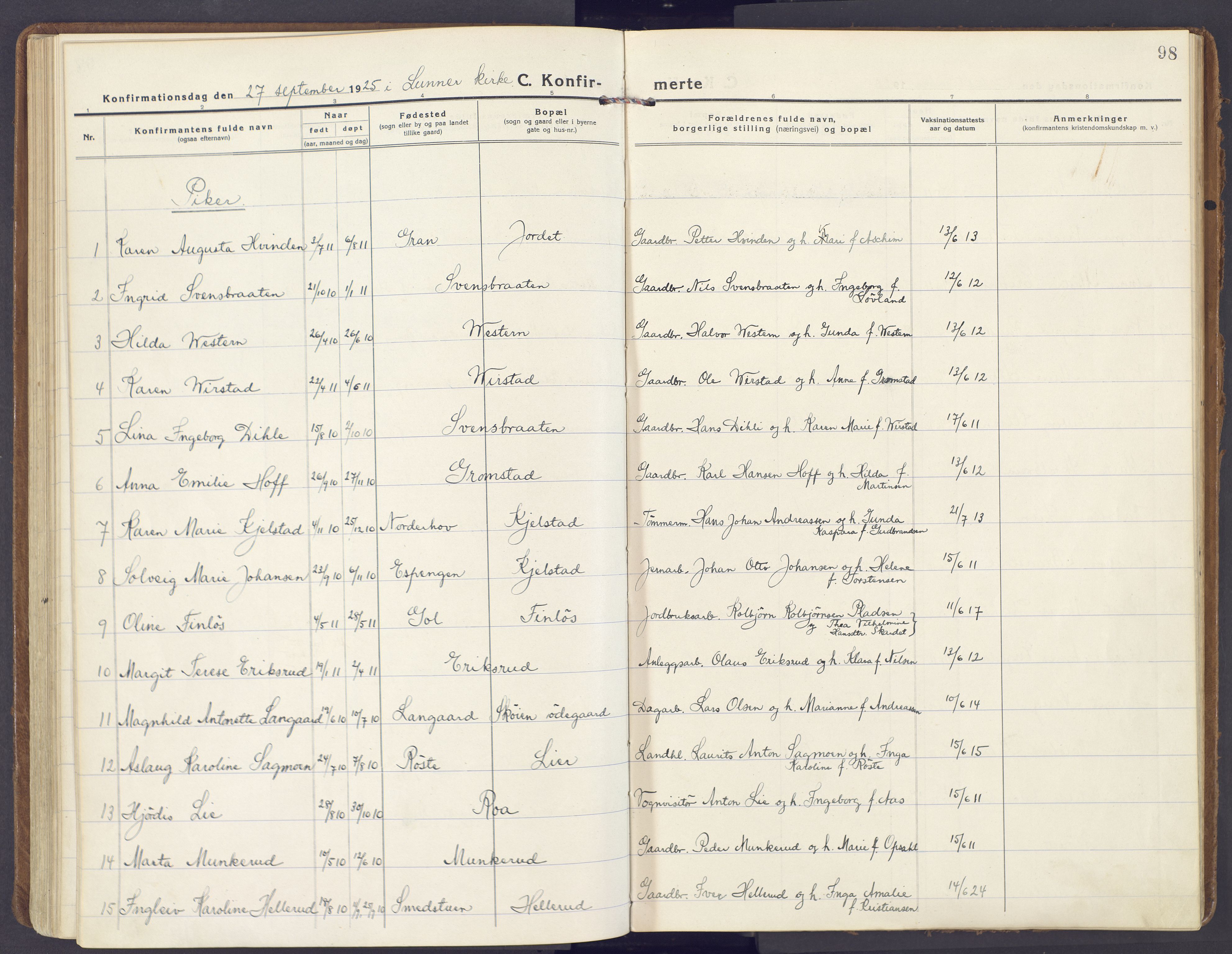 Lunner prestekontor, AV/SAH-PREST-118/H/Ha/Haa/L0002: Parish register (official) no. 2, 1922-1931, p. 98