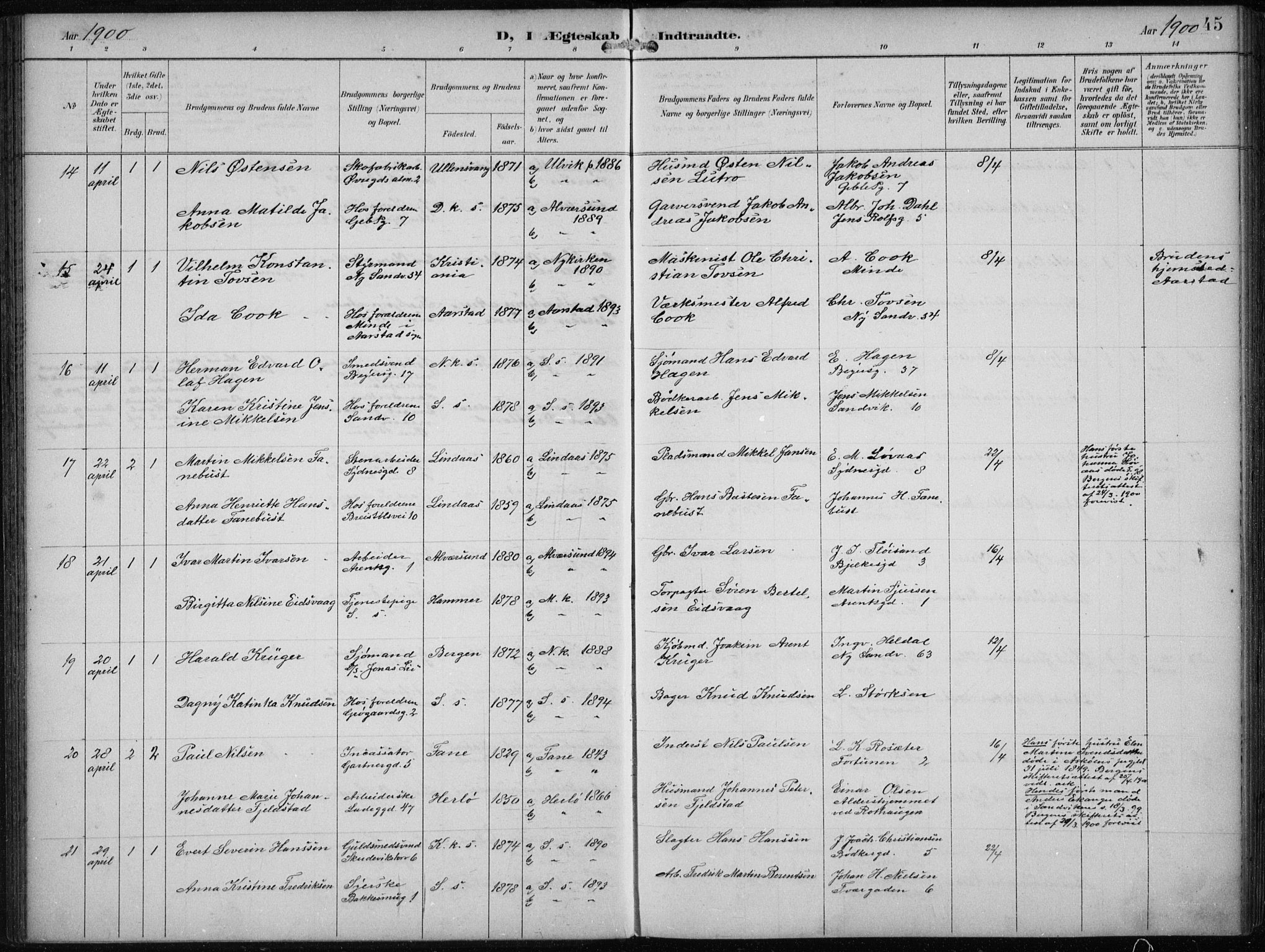 Sandviken Sokneprestembete, AV/SAB-A-77601/H/Ha/L0014: Parish register (official) no. D 1, 1896-1911, p. 45