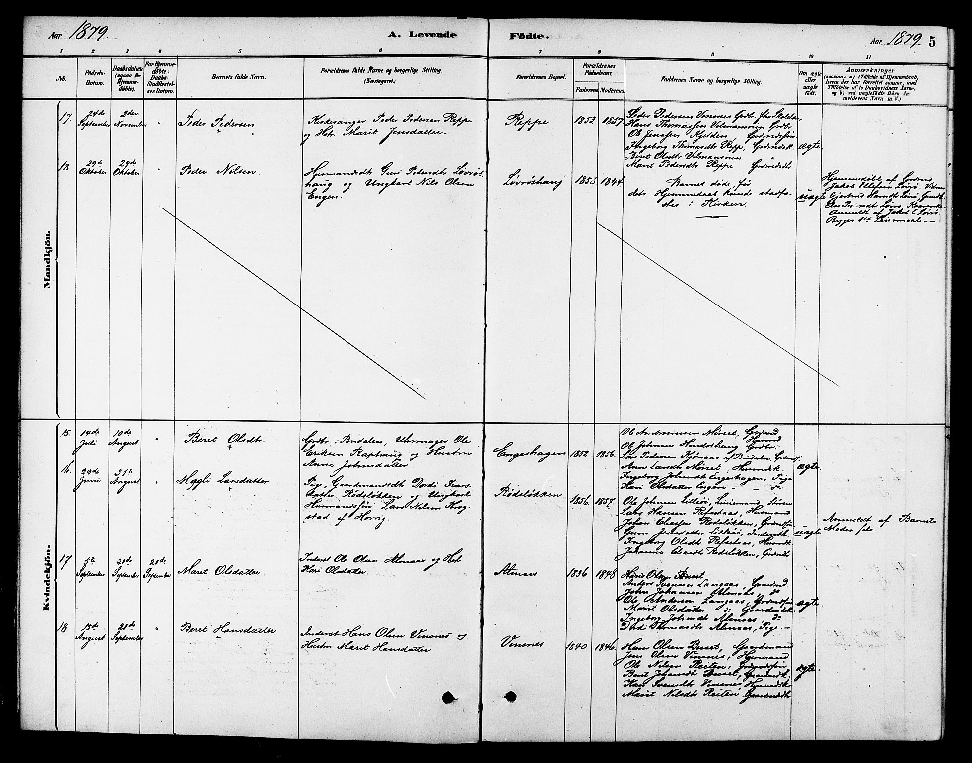 Ministerialprotokoller, klokkerbøker og fødselsregistre - Sør-Trøndelag, AV/SAT-A-1456/688/L1024: Parish register (official) no. 688A01, 1879-1890, p. 5