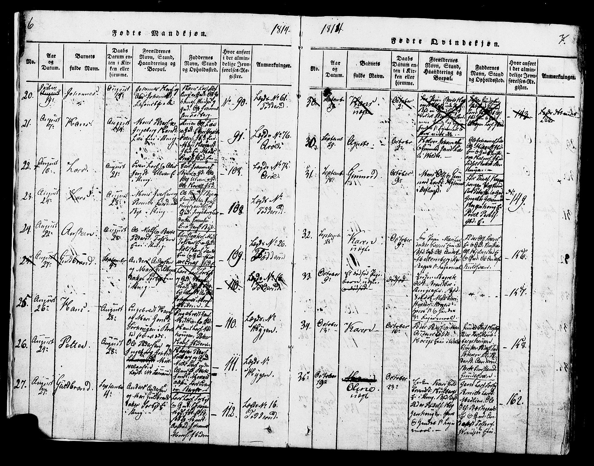 Ringsaker prestekontor, AV/SAH-PREST-014/K/Ka/L0005: Parish register (official) no. 5, 1814-1826, p. 6-7