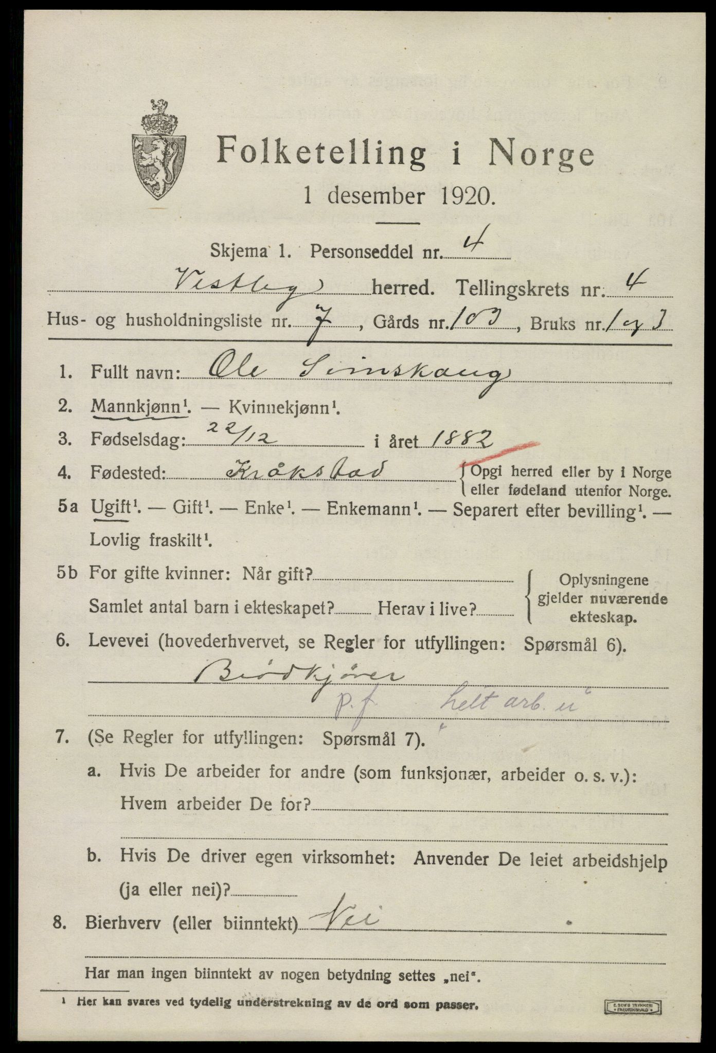 SAO, 1920 census for Vestby, 1920, p. 4533