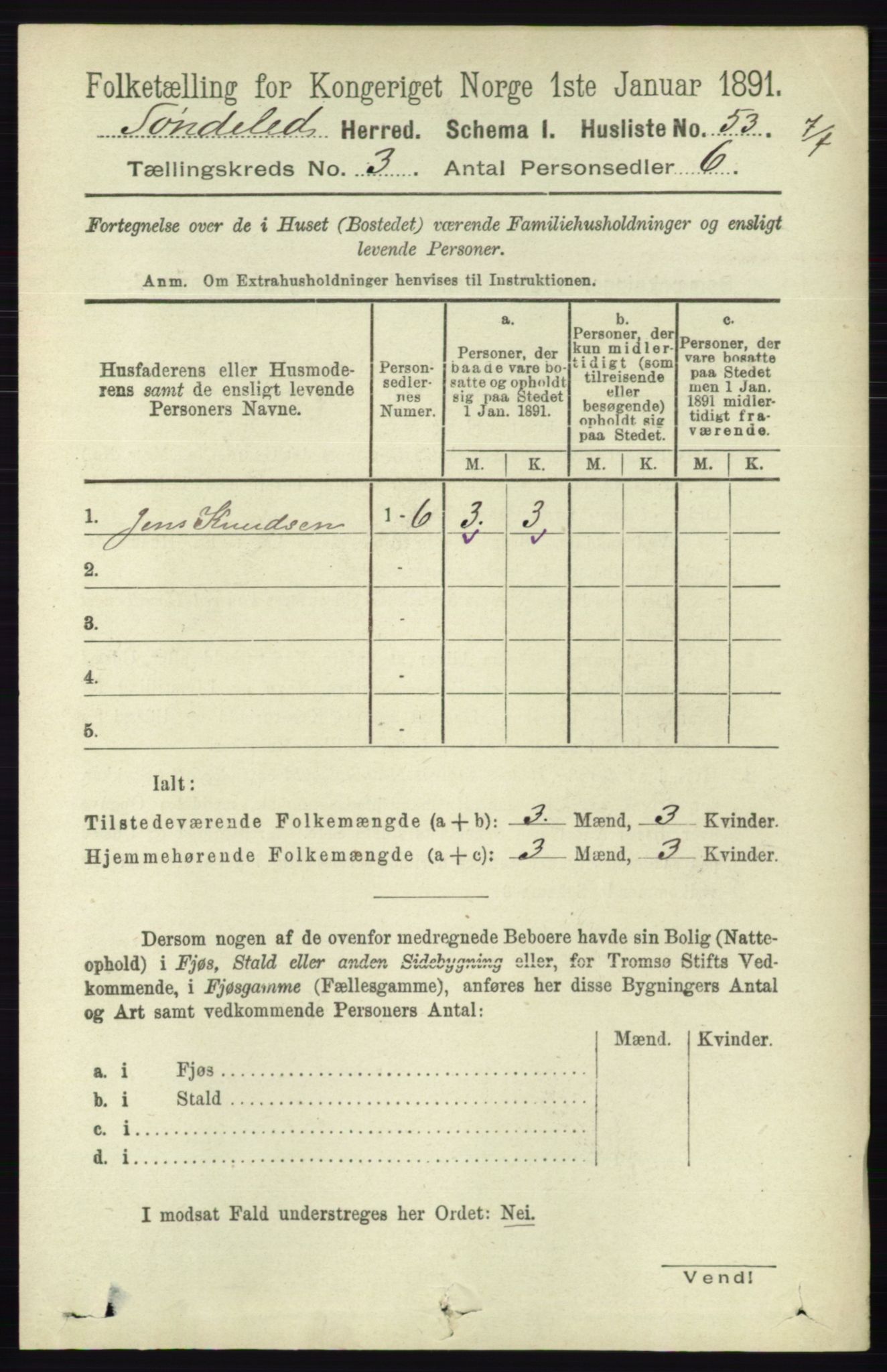 RA, 1891 census for 0913 Søndeled, 1891, p. 598