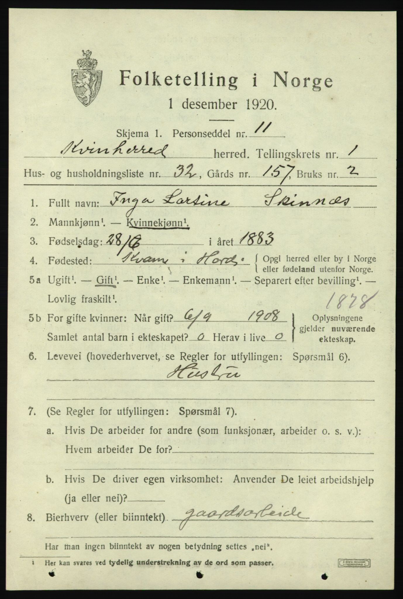 SAB, 1920 census for Kvinnherad, 1920, p. 4066