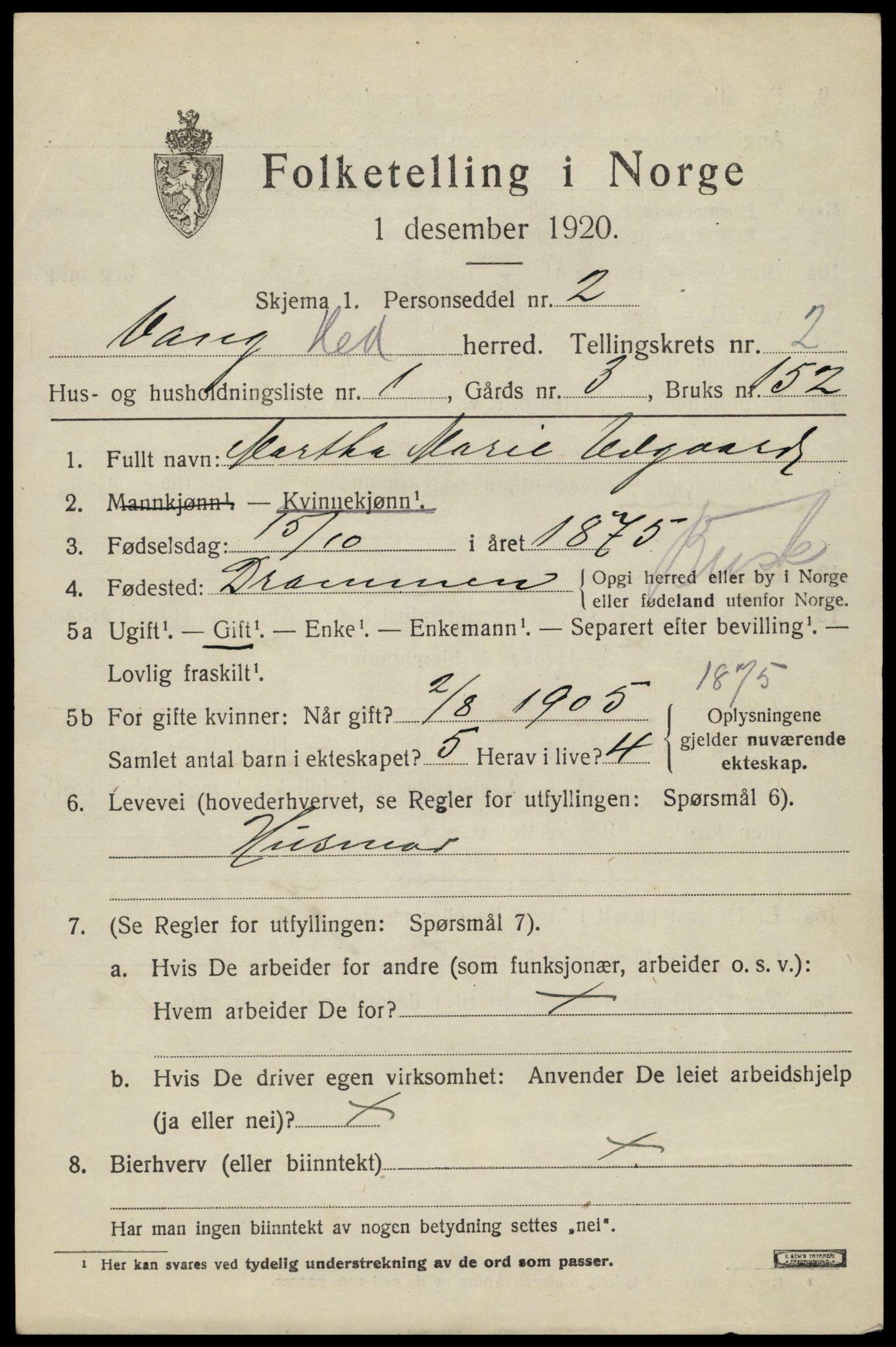 SAH, 1920 census for Vang (Hedmark), 1920, p. 6005