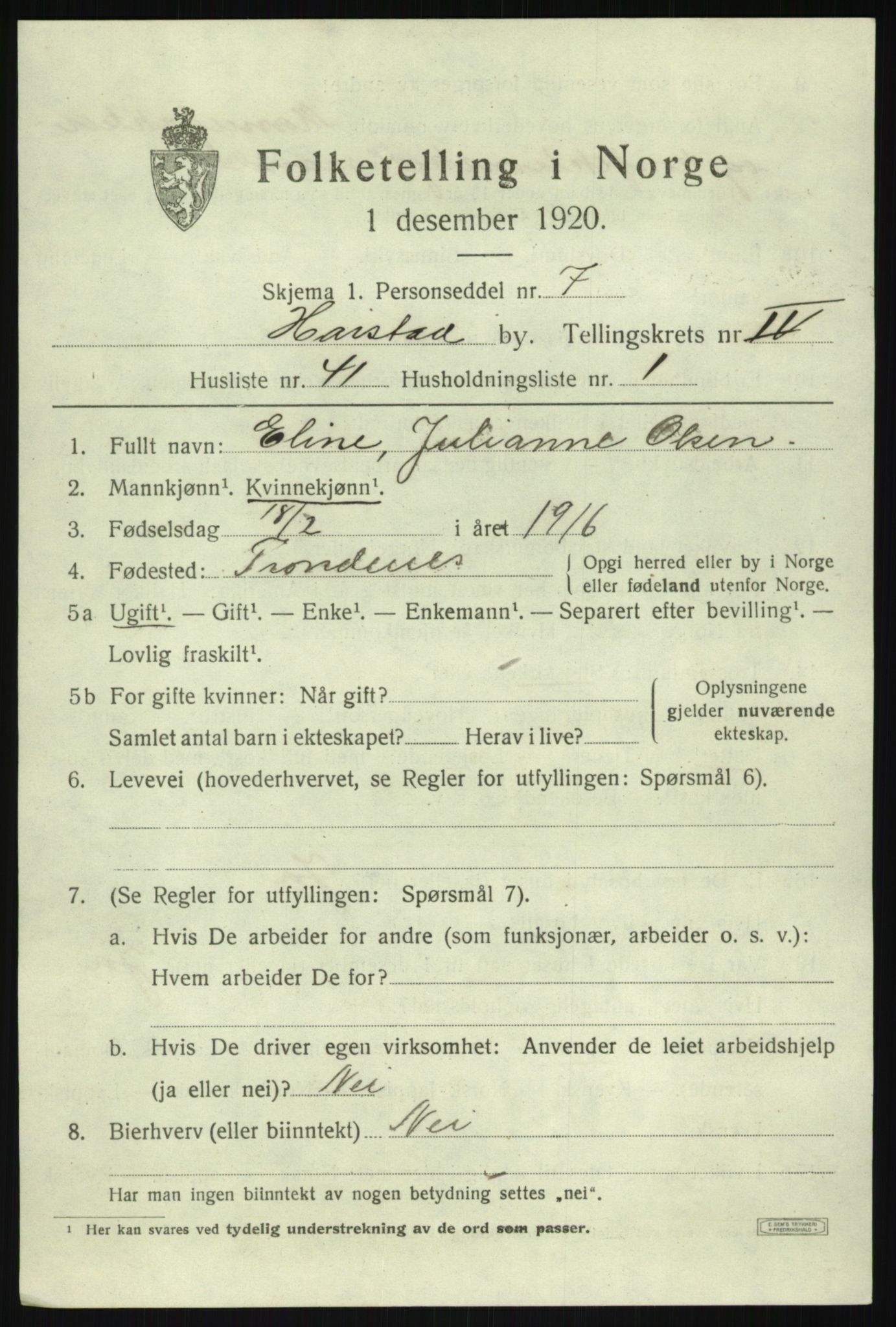 SATØ, 1920 census for Harstad, 1920, p. 6050