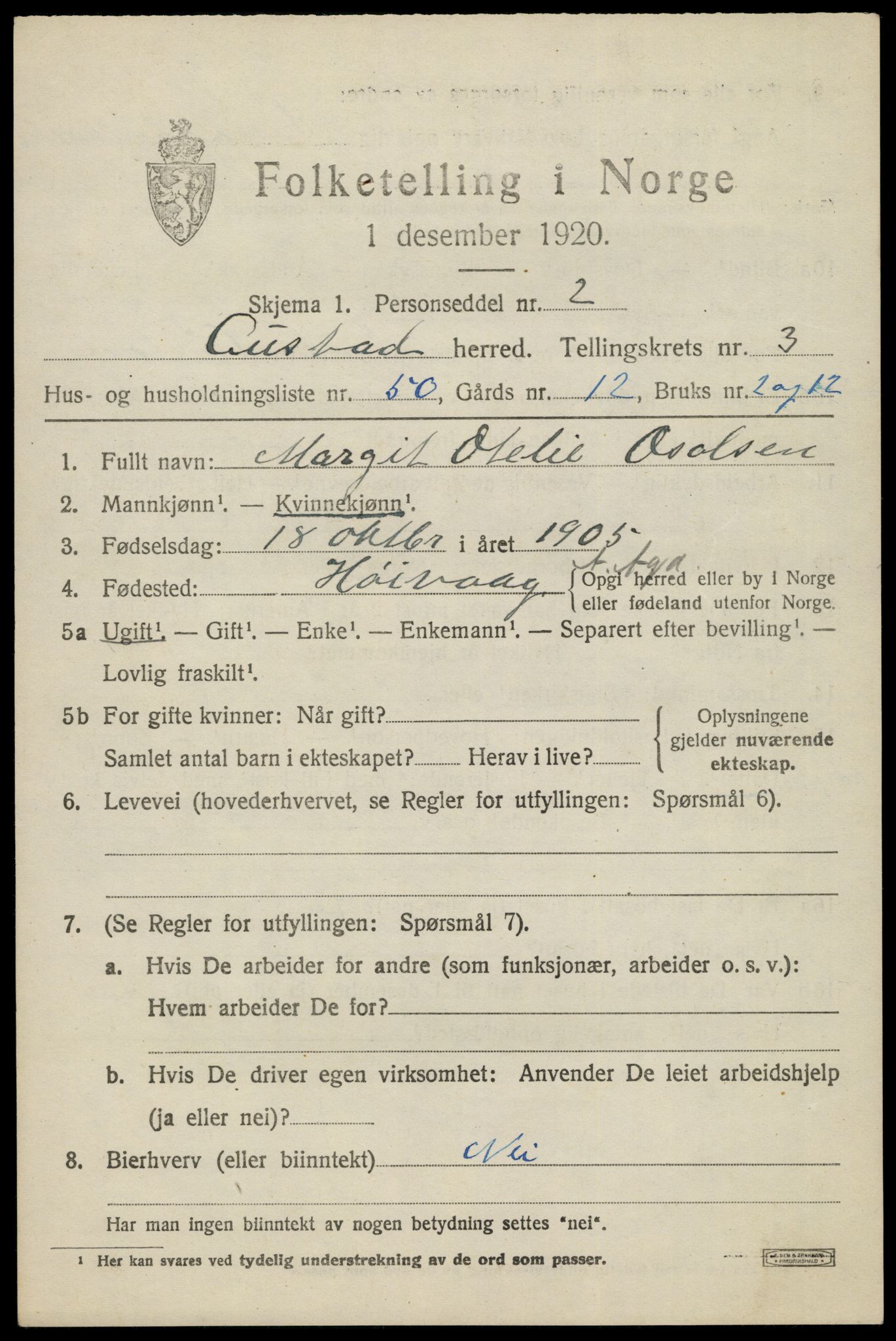 SAK, 1920 census for Austad, 1920, p. 1395