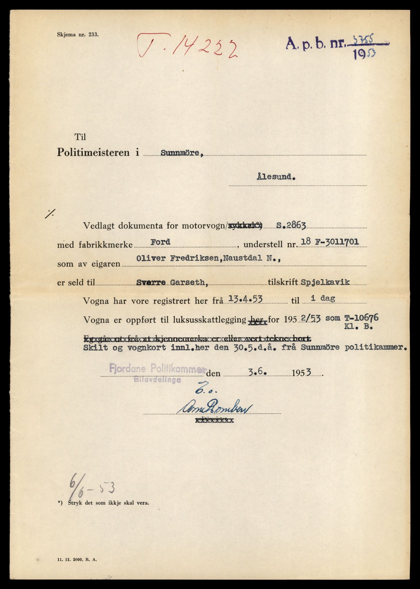 Møre og Romsdal vegkontor - Ålesund trafikkstasjon, AV/SAT-A-4099/F/Fe/L0044: Registreringskort for kjøretøy T 14205 - T 14319, 1927-1998, p. 596