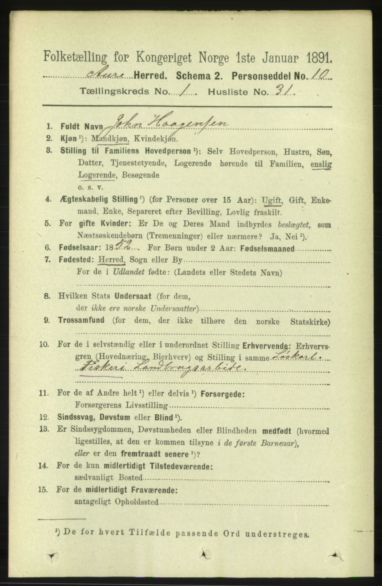 RA, 1891 census for 1569 Aure, 1891, p. 324