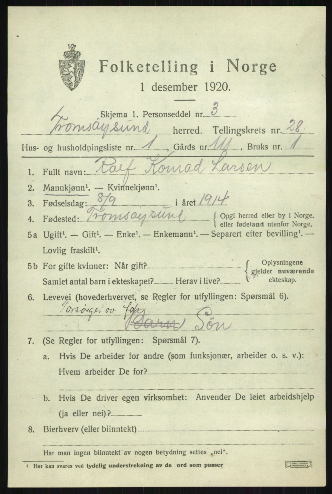 SATØ, 1920 census for Tromsøysund, 1920, p. 12716