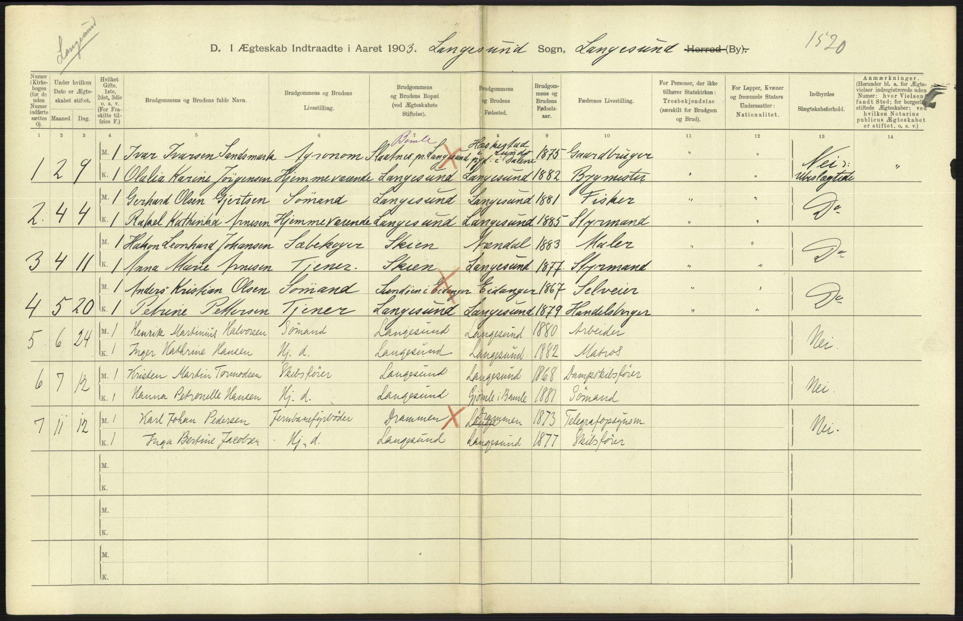 Statistisk sentralbyrå, Sosiodemografiske emner, Befolkning, AV/RA-S-2228/D/Df/Dfa/Dfaa/L0009: Bratsberg amt: Fødte, gifte, døde, 1903, p. 483