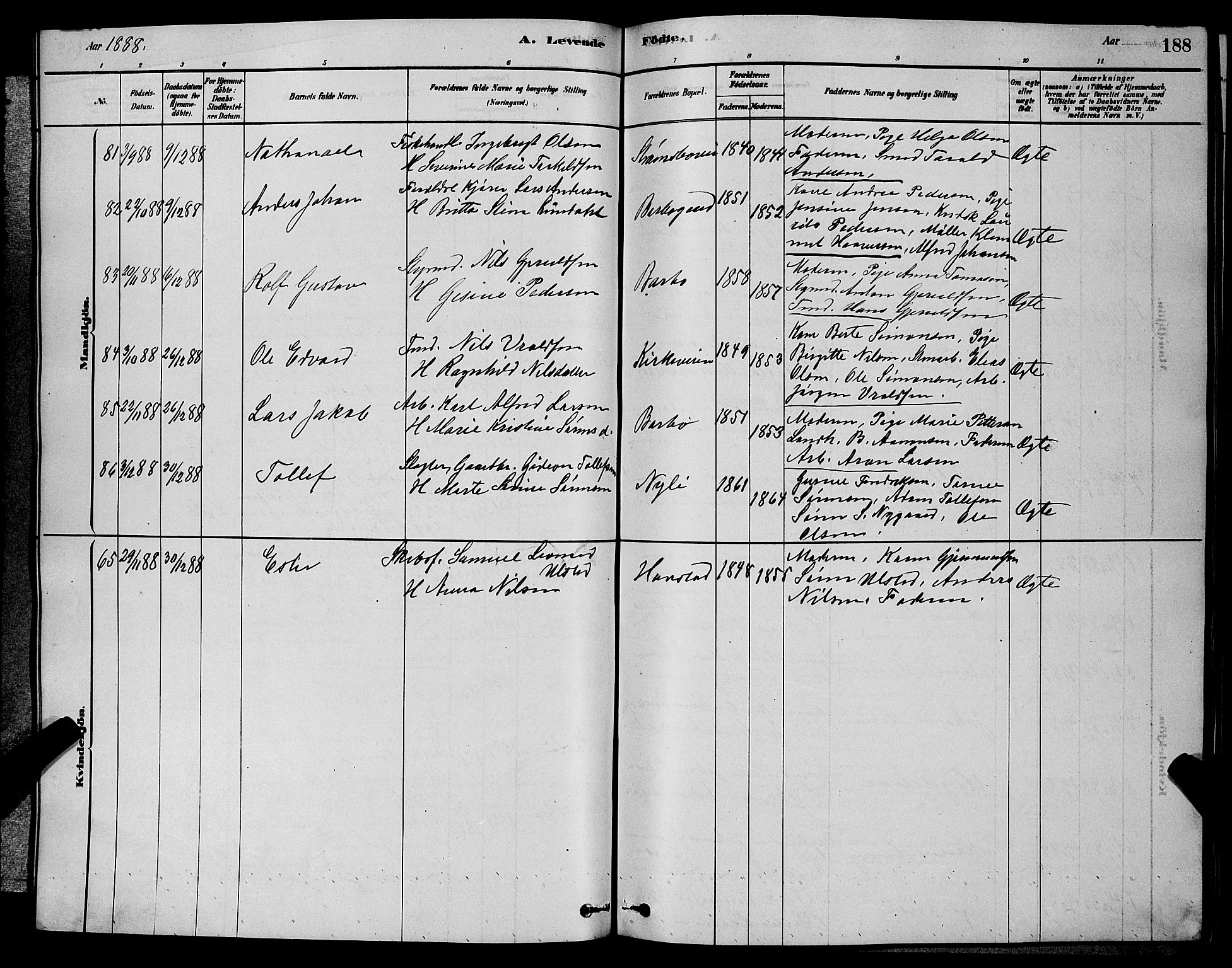 Barbu sokneprestkontor, AV/SAK-1111-0003/F/Fb/L0001: Parish register (copy) no. B 1, 1878-1890, p. 188