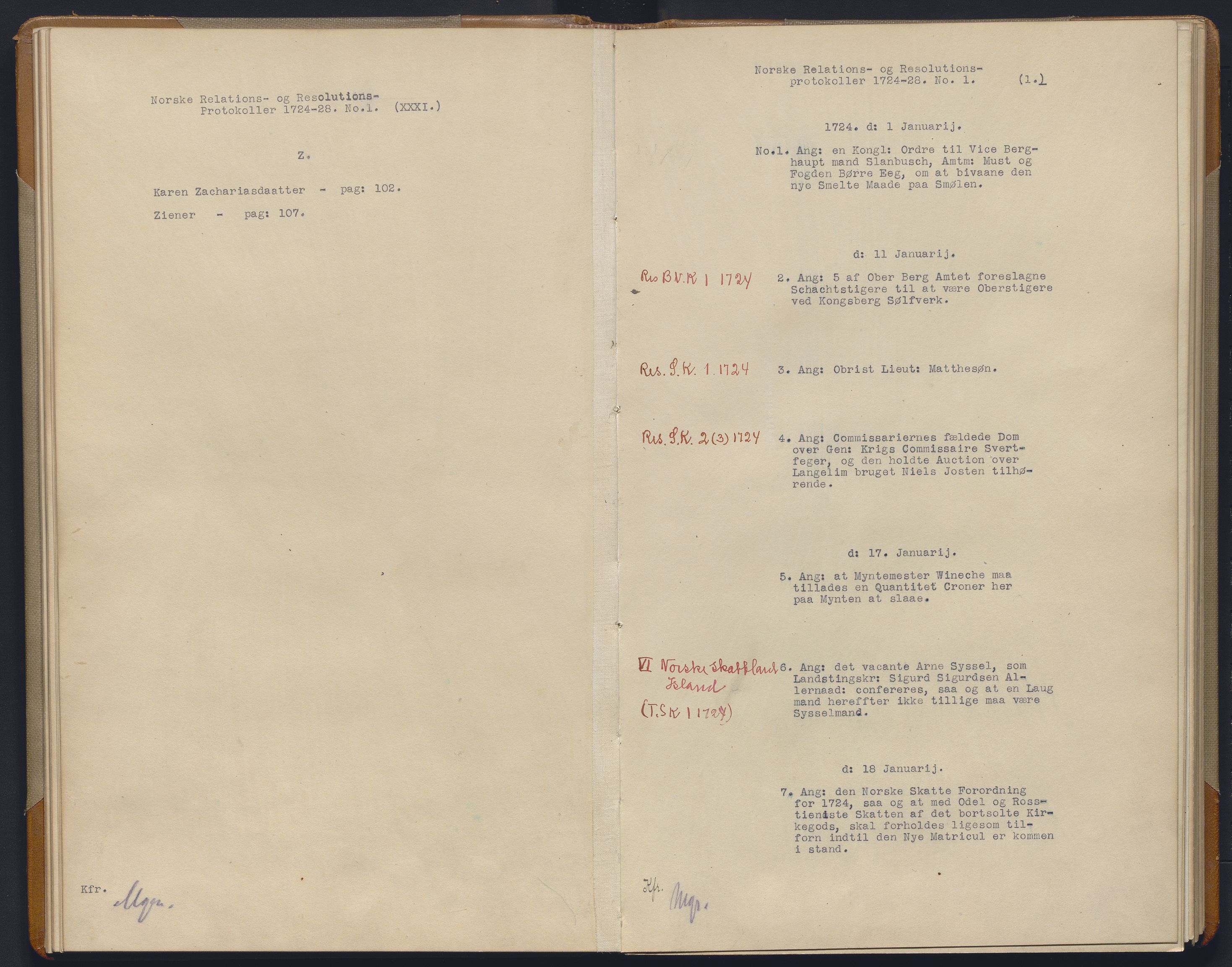 Avskriftsamlingen, AV/RA-EA-4022/F/Fb/L0115: Registratur over norske Relasjons- og resolusjonsprotkoller, 1724-1728, p. 20