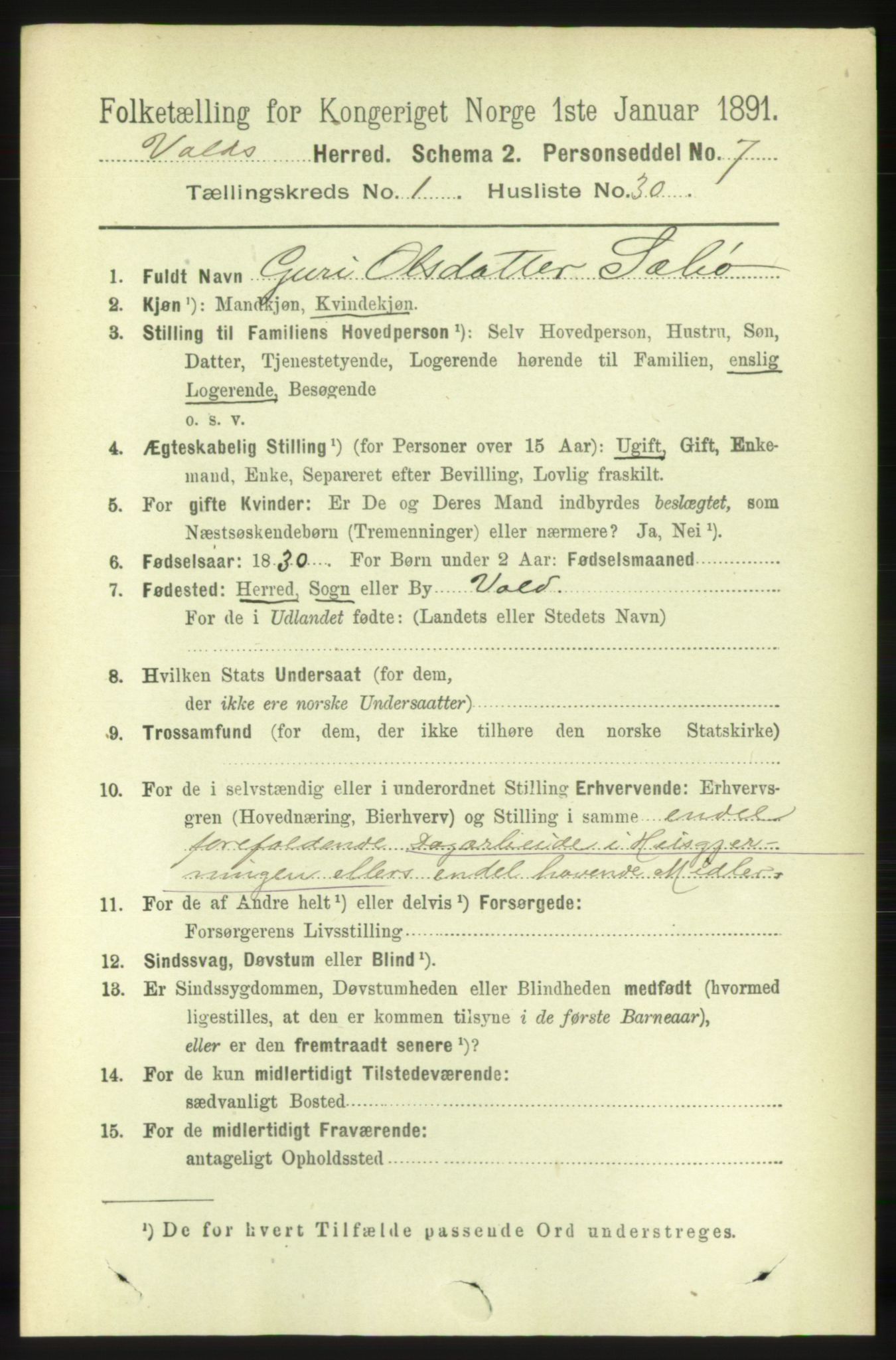 RA, 1891 census for 1537 Voll, 1891, p. 268