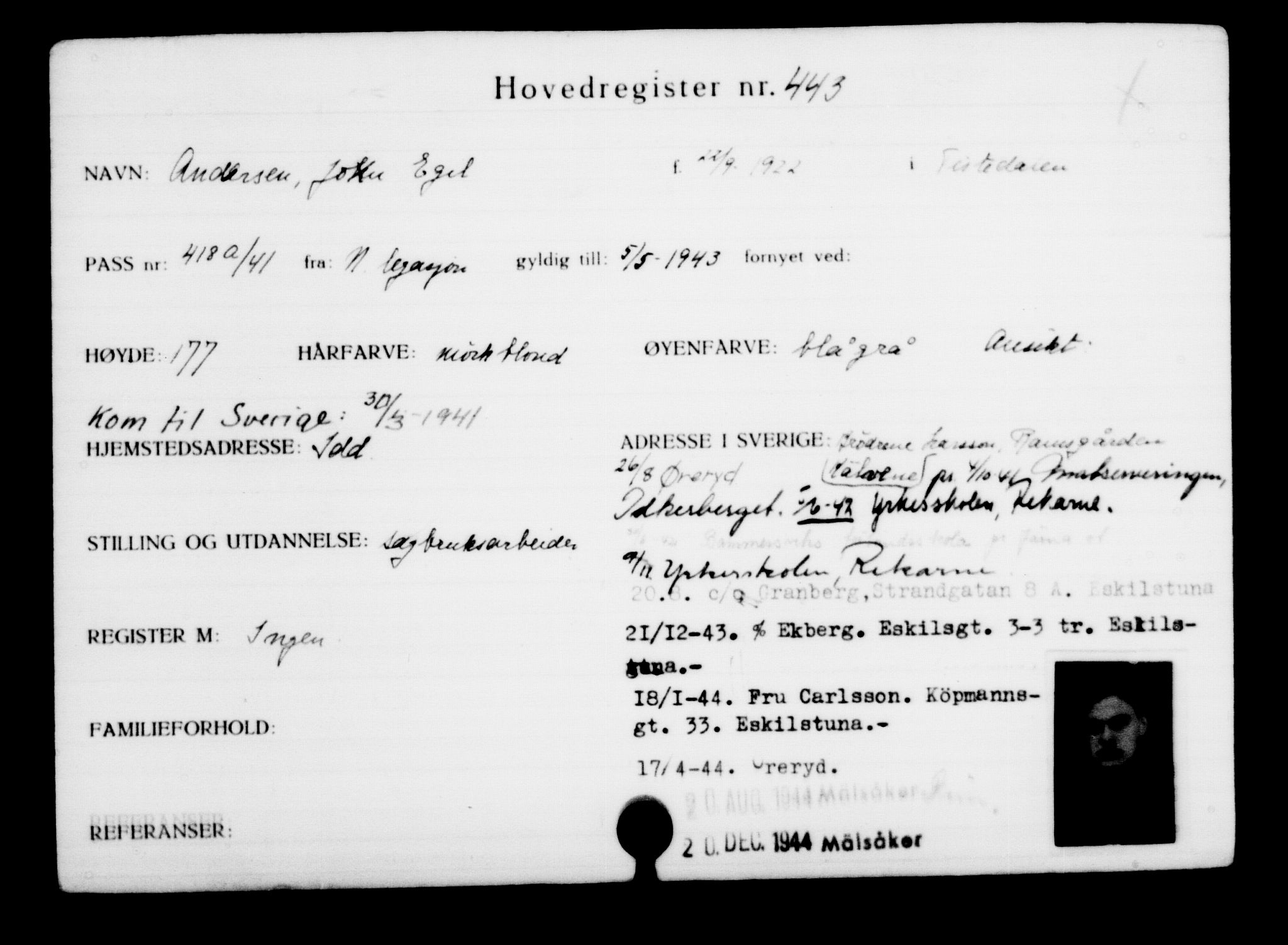 Utenriksstasjonene, Legasjonen i Stockholm, Flyktningkontoret, AV/RA-S-6753/V/Va/L0001: Kjesäterkartoteket, flyktninger med registreringsnr. 1-1000, 1940-1945, p. 688