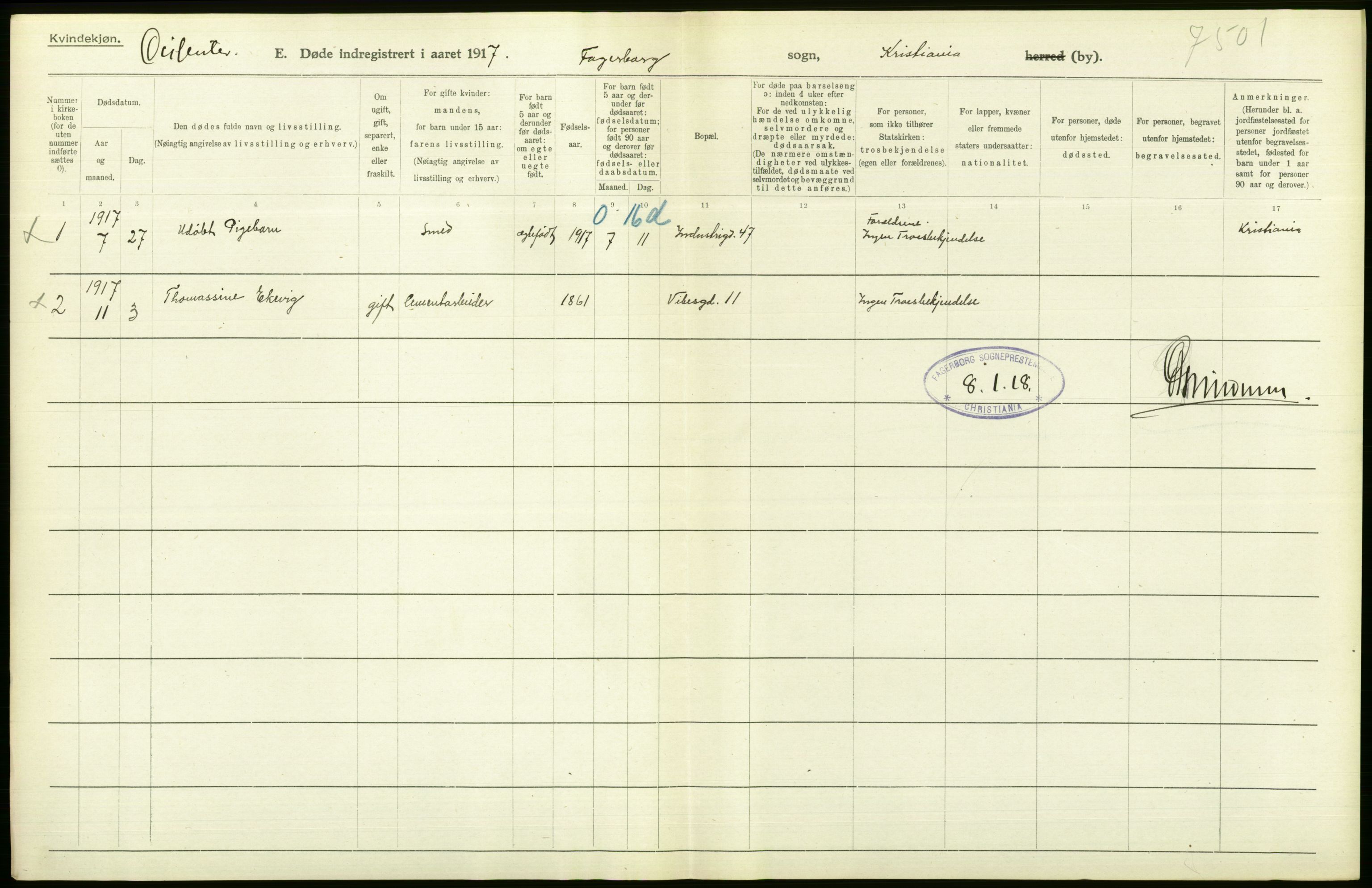 Statistisk sentralbyrå, Sosiodemografiske emner, Befolkning, AV/RA-S-2228/D/Df/Dfb/Dfbg/L0010: Kristiania: Døde, 1917, p. 264