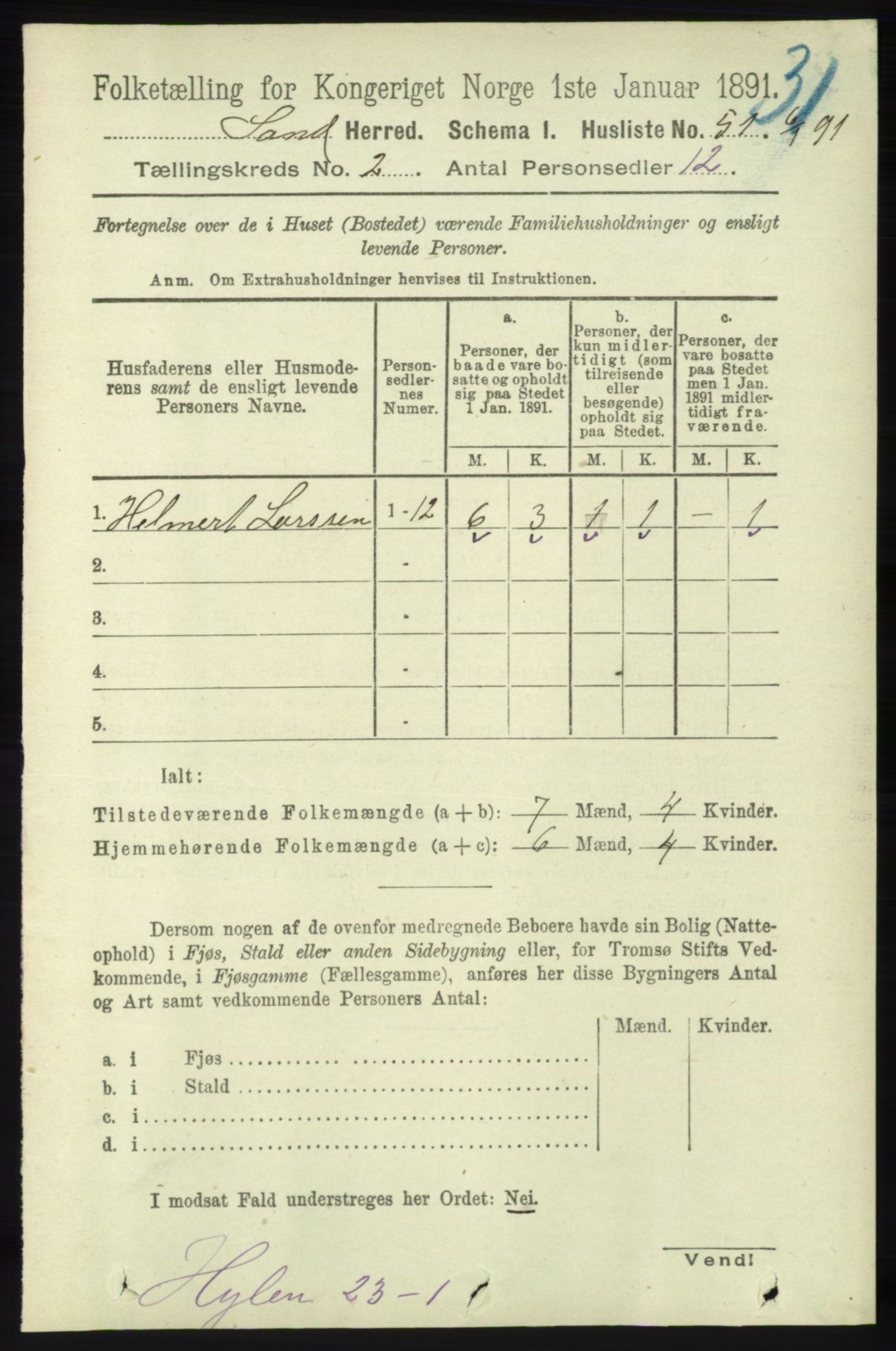 RA, 1891 census for 1136 Sand, 1891, p. 334